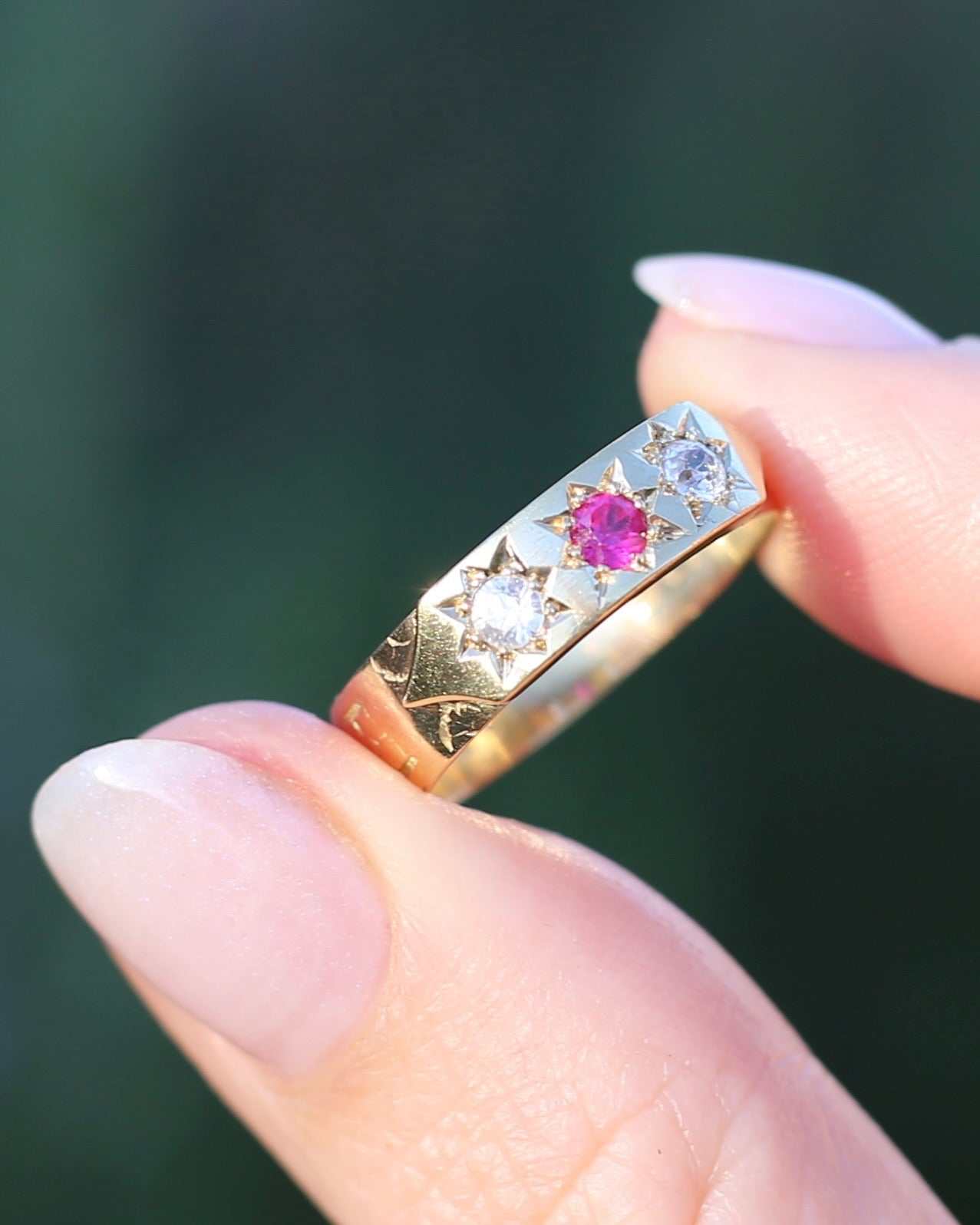 1873 15ct Band with 18ct Trilogy Old Cut Star Set Addition, 15 & 18ct Gold, size R1/2 or 8.75 (fits slightly smaller)