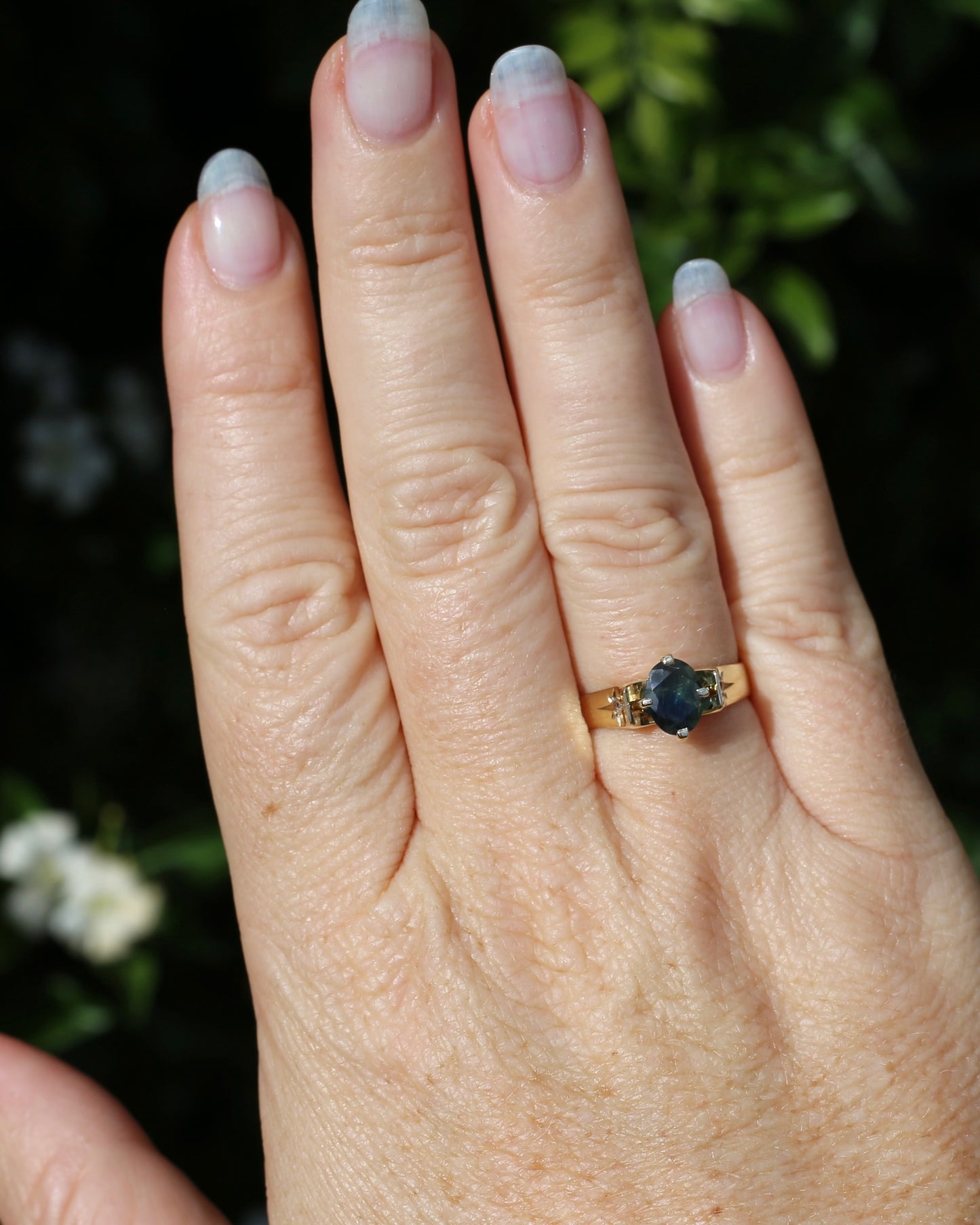 Circa 1970s 1.2ct Oval Australian Parti Sapphire Ring with Star Set Diamond Side Stones, 9ct Yellow Gold, size R1/2 or 8.75, 3.28g