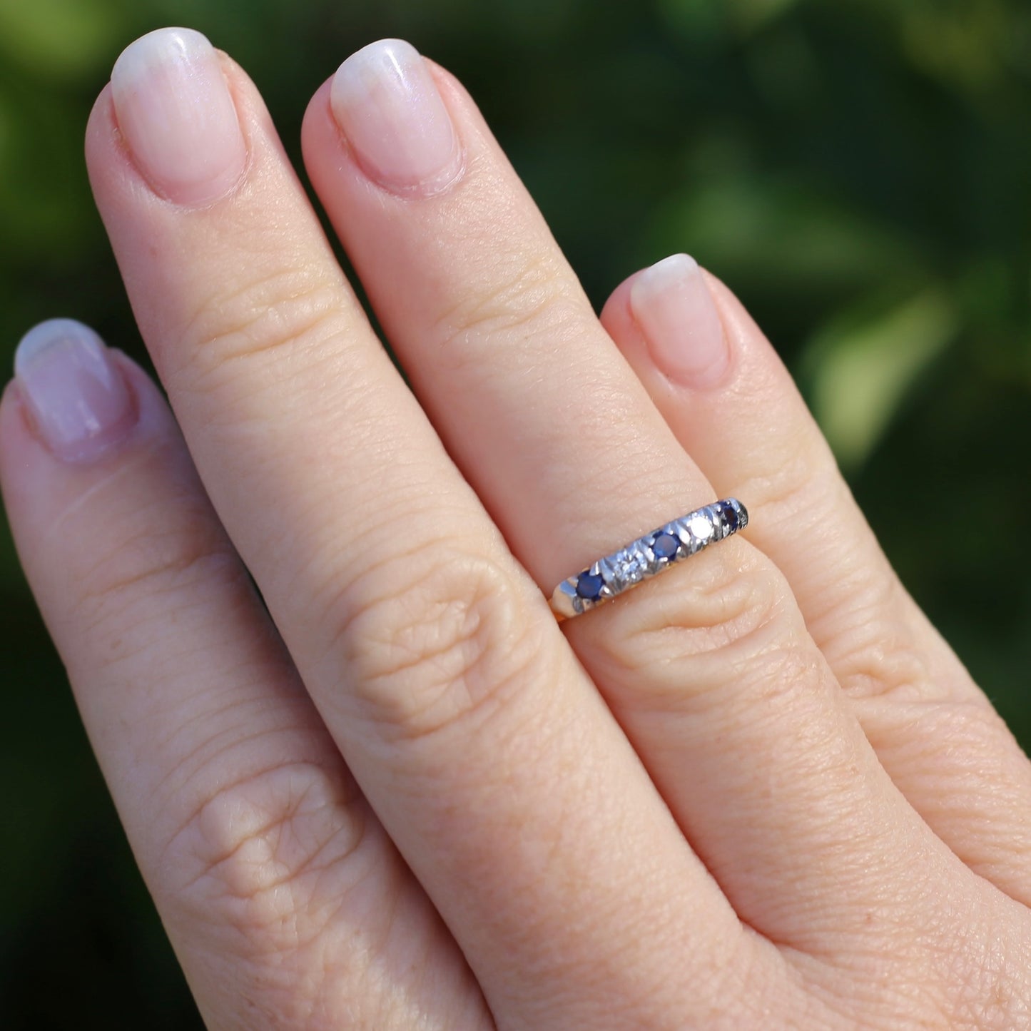 5 Stone Sapphire and Diamond Half Hoop, 18ct White and Yellow Gold, size M or 6.25