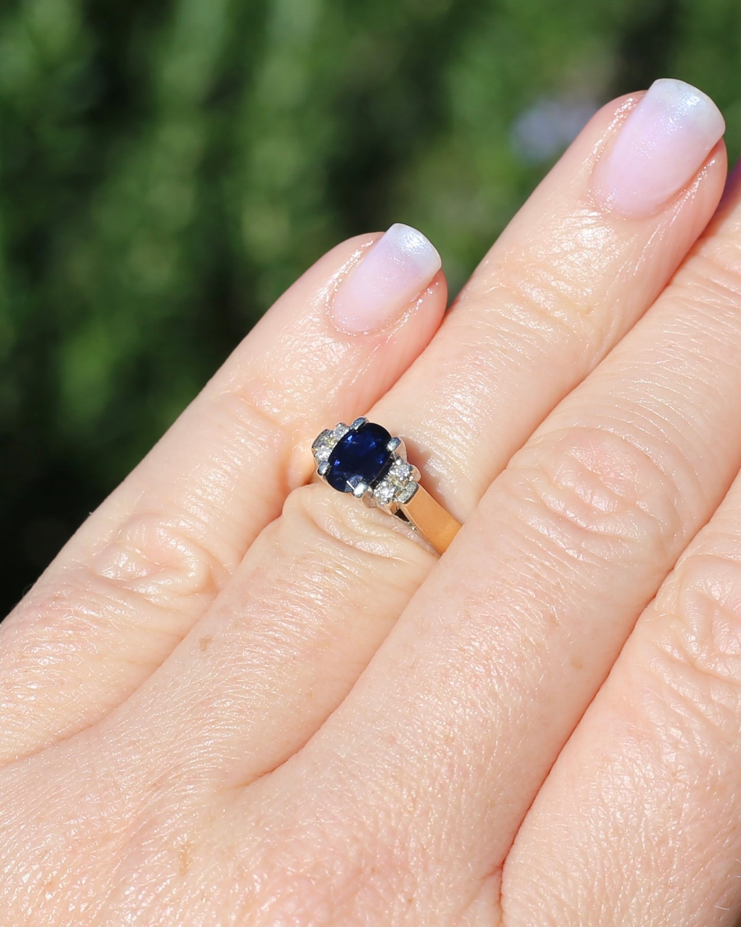 Circa 1970s Natural Sapphire and Diamond Ring, 9ct Yellow and White Gold, size M or 6.25, 4.19g