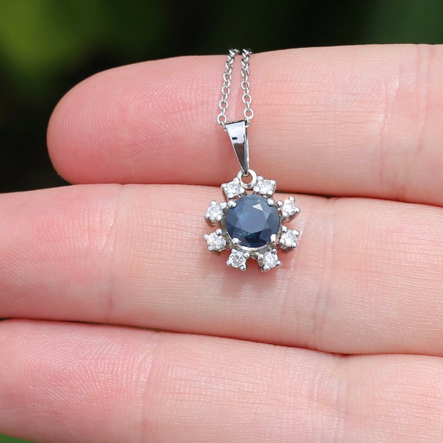 1.15ct Sapphire and Diamond Pendant, 14ct White Gold, with 9ct White Gold Chain