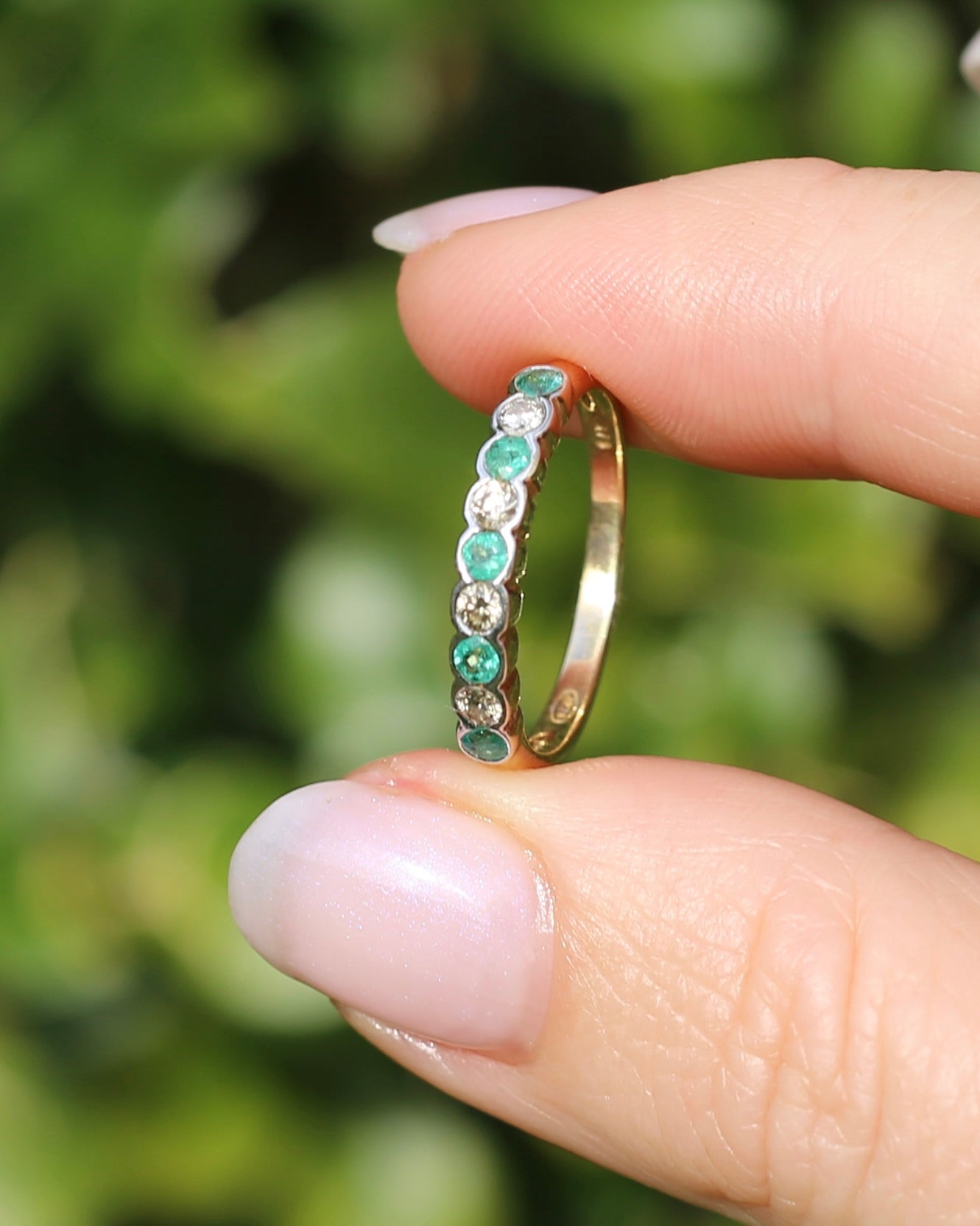 Natural Emerald and Diamond Half Hoop, 9ct Yellow and White Gold, size O or 7.25, 1.76g