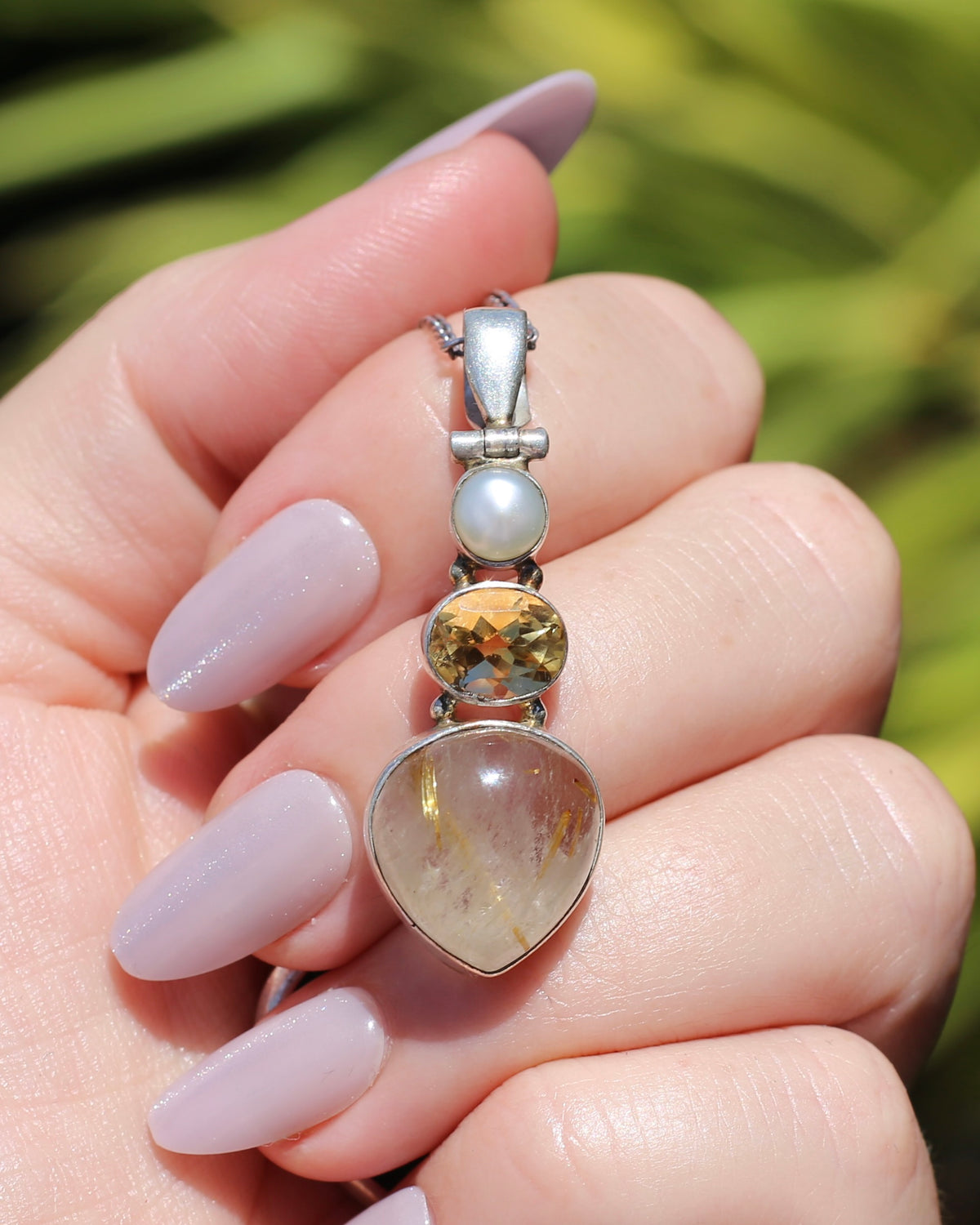 Freshwater Pearl, Citrine and Rutilated Quartz Cabochon Pendant, Sterling Silver, 6.0g