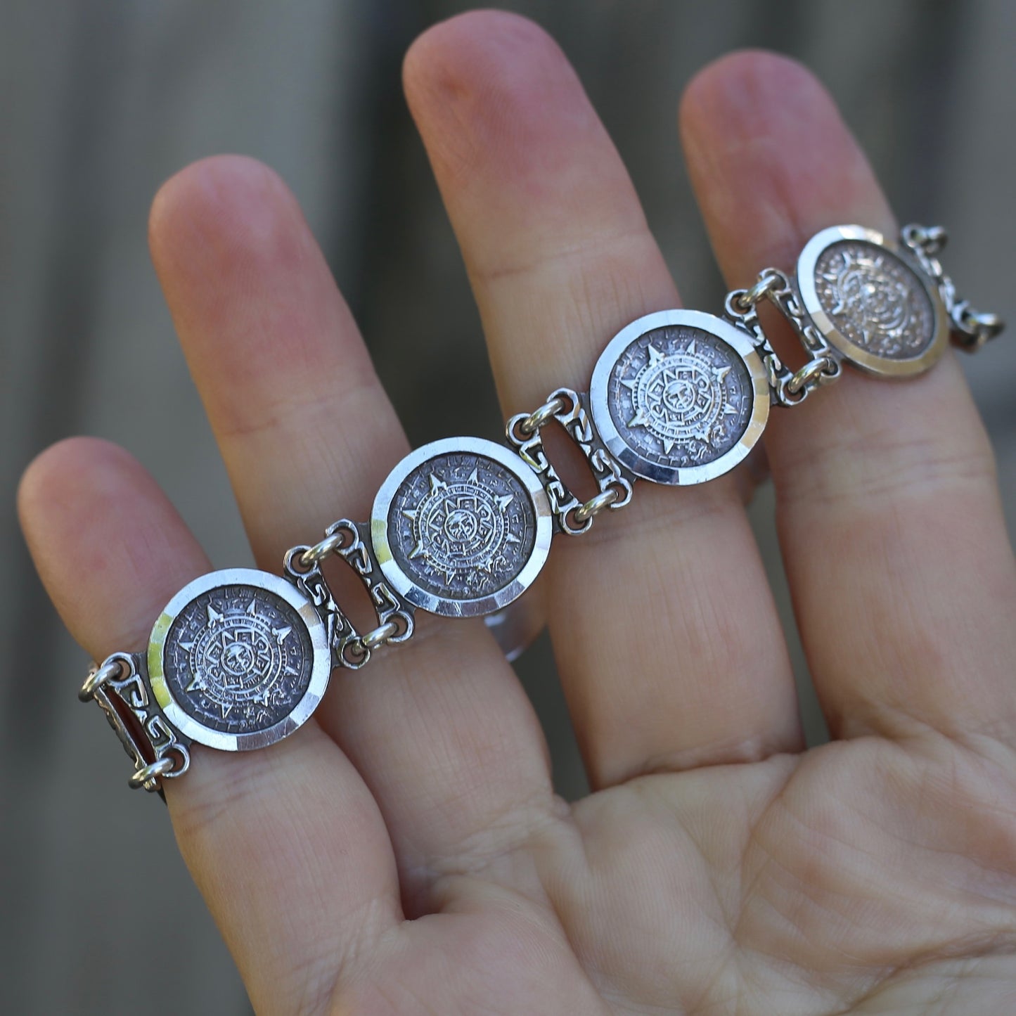 Vintage 1980s Maya Calendar Coin Bracelet, made in Mexico 950 Silver, 20cm or just under 8 inches