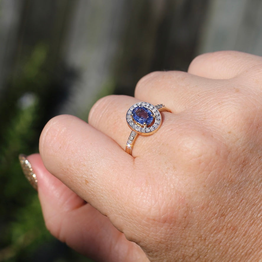 Sapphire and Single Cut Diamond Halo, 9ct Yellow Gold, size 10.25 or just bigger than U