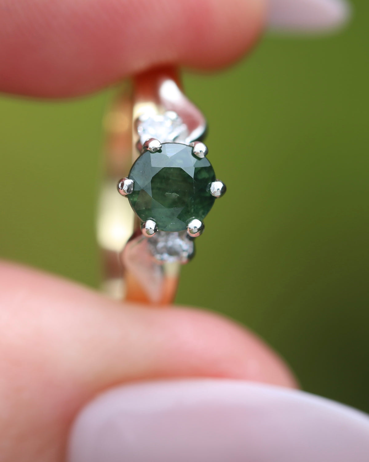 1ct Natural Green Sapphire Ring with White Spinel Side Stones, Silver and 9ct Yellow Gold, size M or 6.25, 2.1g