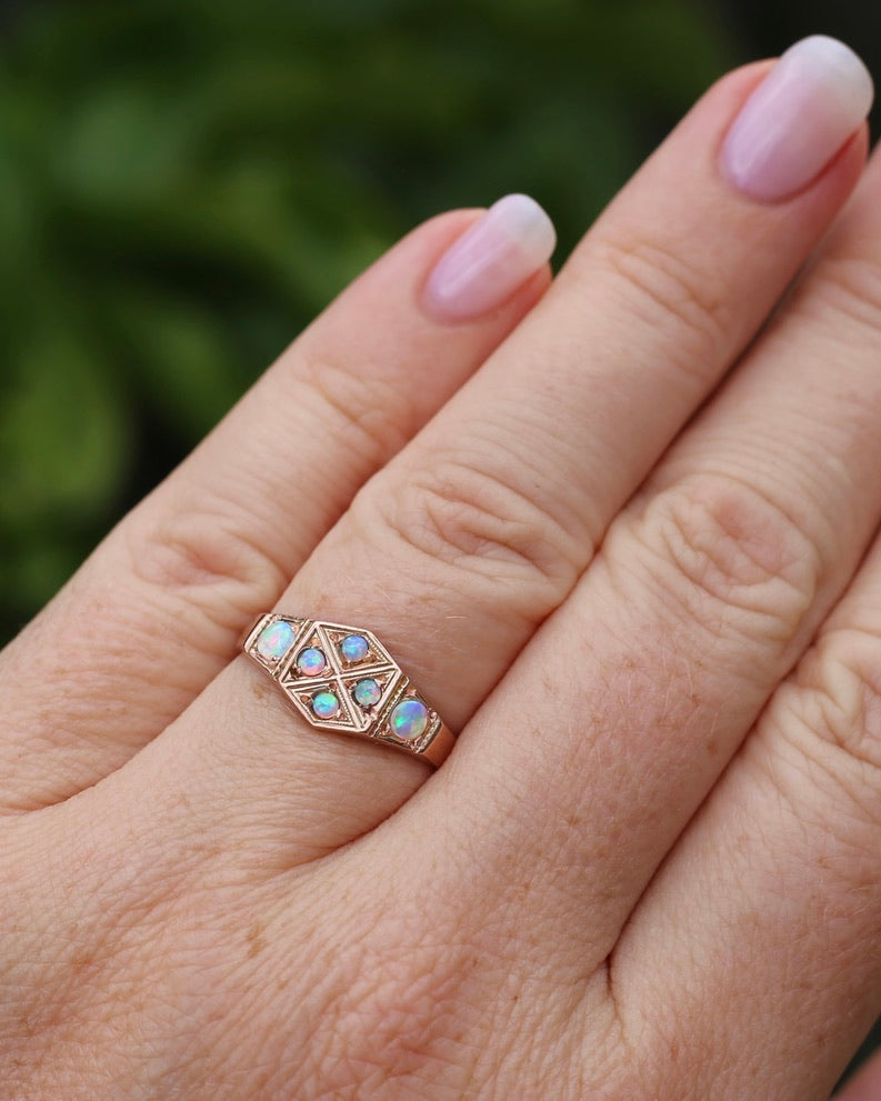 Outstanding Opals in Birmingham Made Rose Gold Shield Faced Ring, 9ct Rose Gold, size Q or 8.25, 2.57g