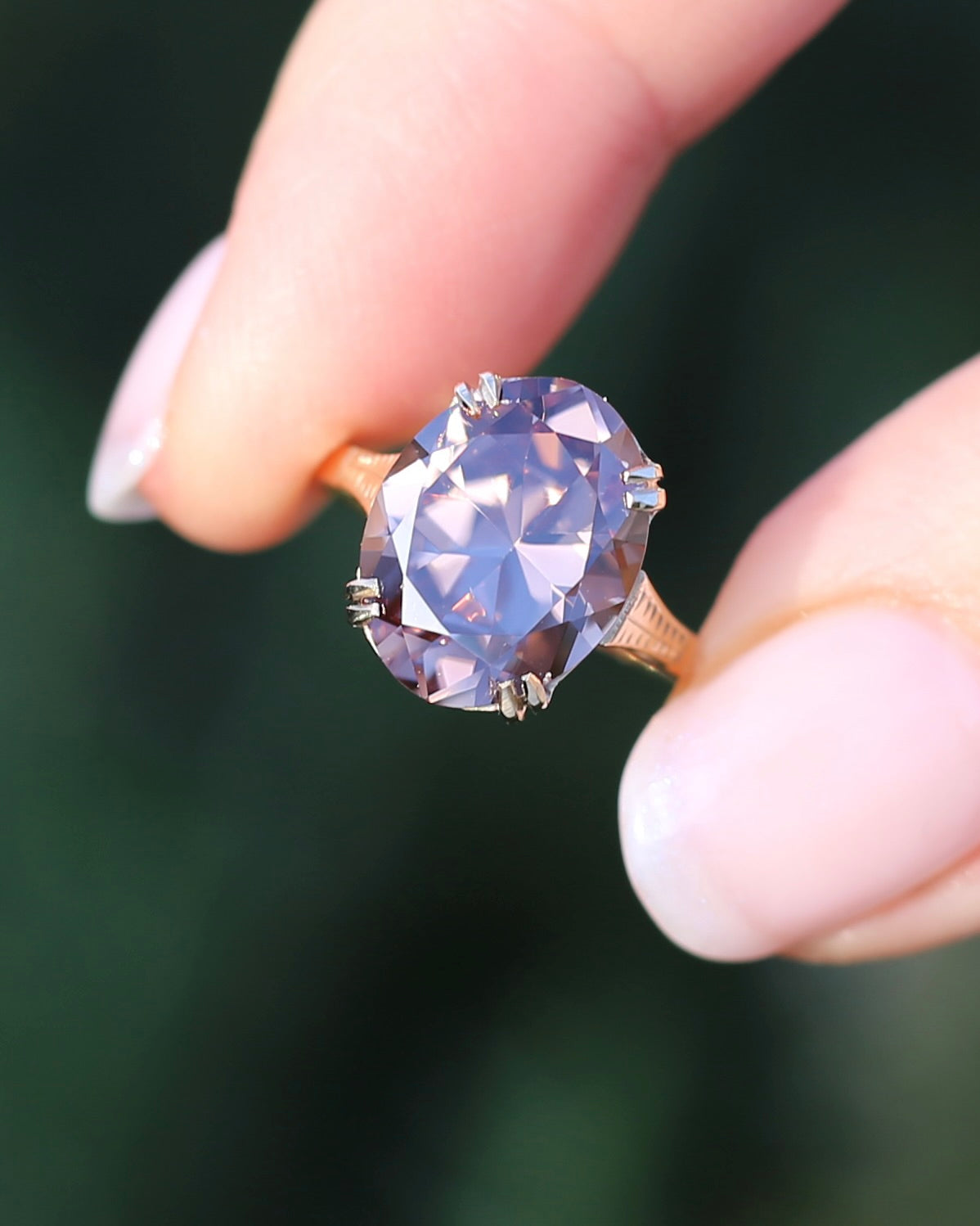 ON HOLD 7.9ct Mauve Damask Rose Oval Natural Zircon in Vintage 9ct Double Claw Ring, 9ct Yellow Gold, size M or 6.25, 3.59g