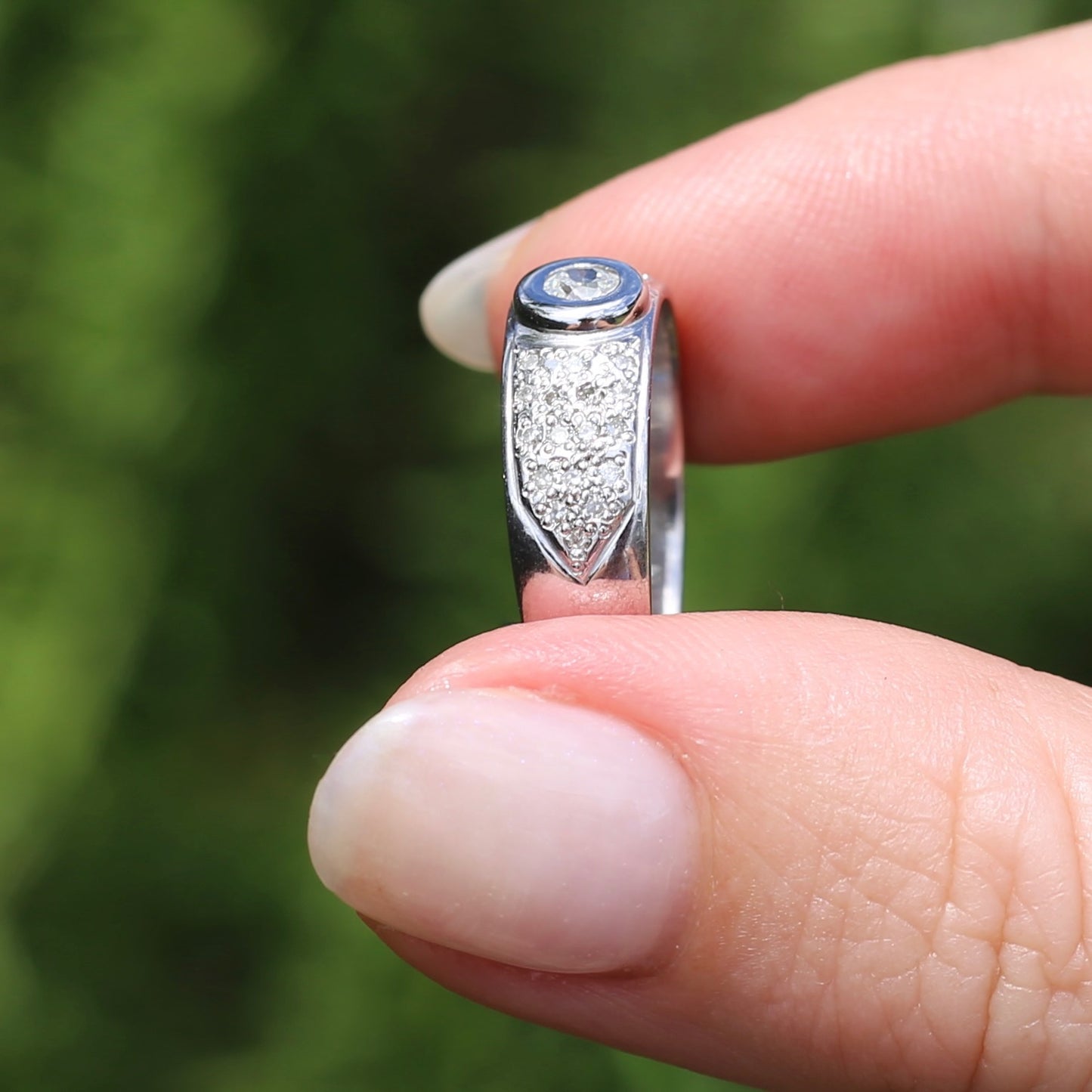 Bezel Set Old European Cut Diamond, in Pavé Setting of Diamonds, Chunky Platinum, size Q or 8 (fits more like an O1/2 - P), with valuation