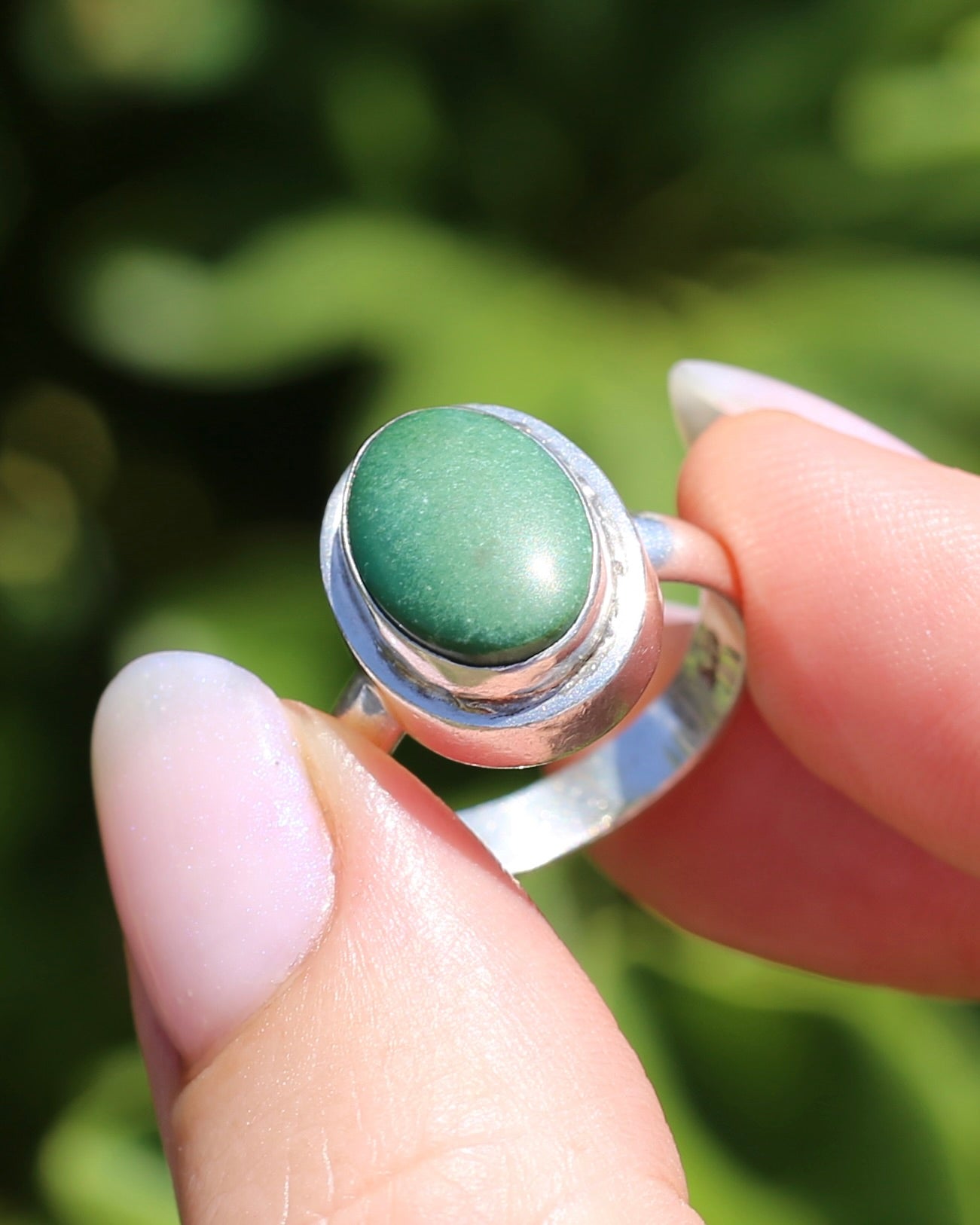 Natural Green Turquoise Bezel Set Ring, Sterling Silver, size P or 7.5, 6.0g