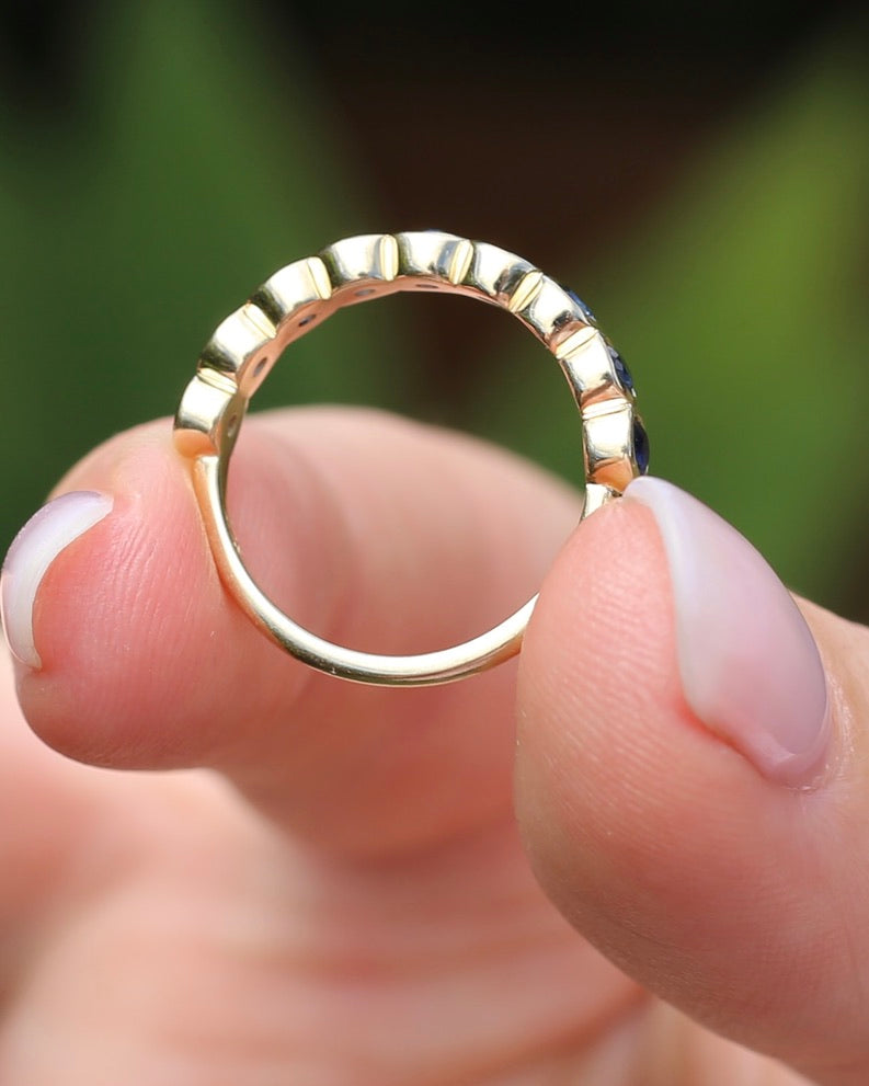 Second Glance - 9 Stone Bezel Set Blue Sapphire Bubble Half Eternity Ring, 9ct Yellow Gold, size N or just over 6.5, 2.80g