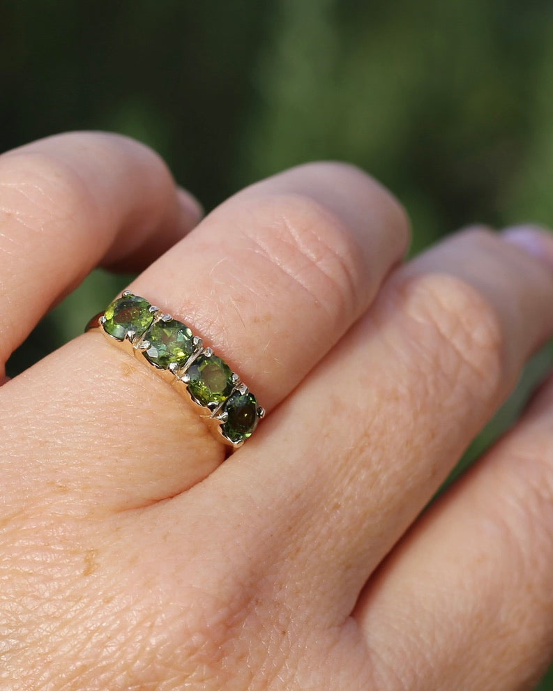 1.75ct Four Stone Natural Green Tourmaline Ring, 9ct Yellow Gold, size N1/2 or just over 6.75, 2.37g