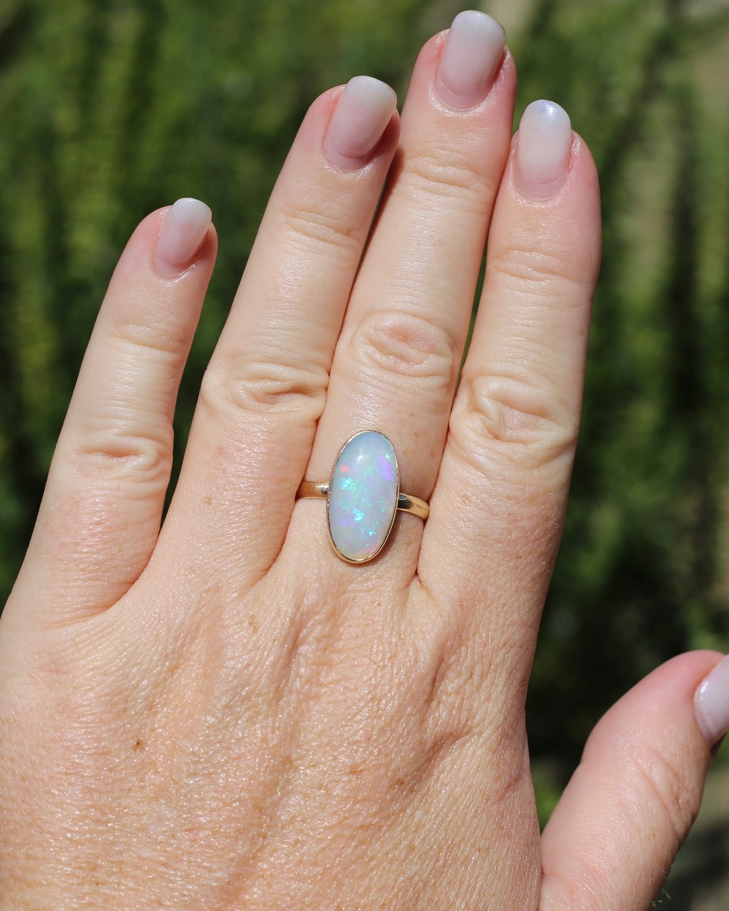 Crystal Opal Cabochon, Low Profile, in Bezel Set 9ct Yellow Gold, size T1/2 or 9.75