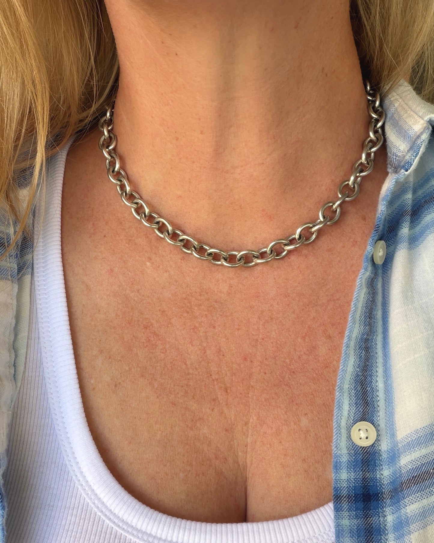 Vintage Chunky Oval Cable Chain with Textured Clasp, Sterling Silver, 42cm or 16.5inches, 50.7g