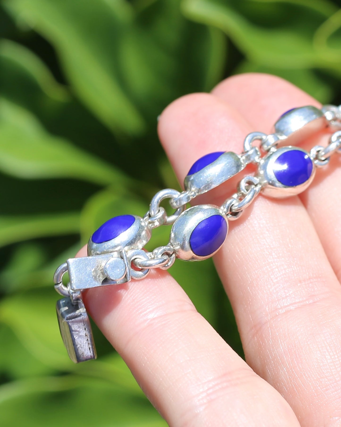 Vintage Mexican Bezel Set Lapis Bracelet, 7.75 inches or 19.5cm, 21.27g