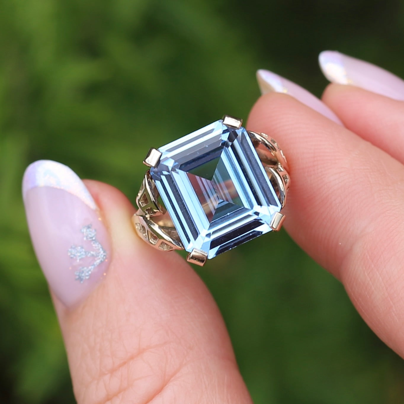 Mid Century Emerald Cut Blue Spinel Cocktail Ring, size N1/2 or 6.75