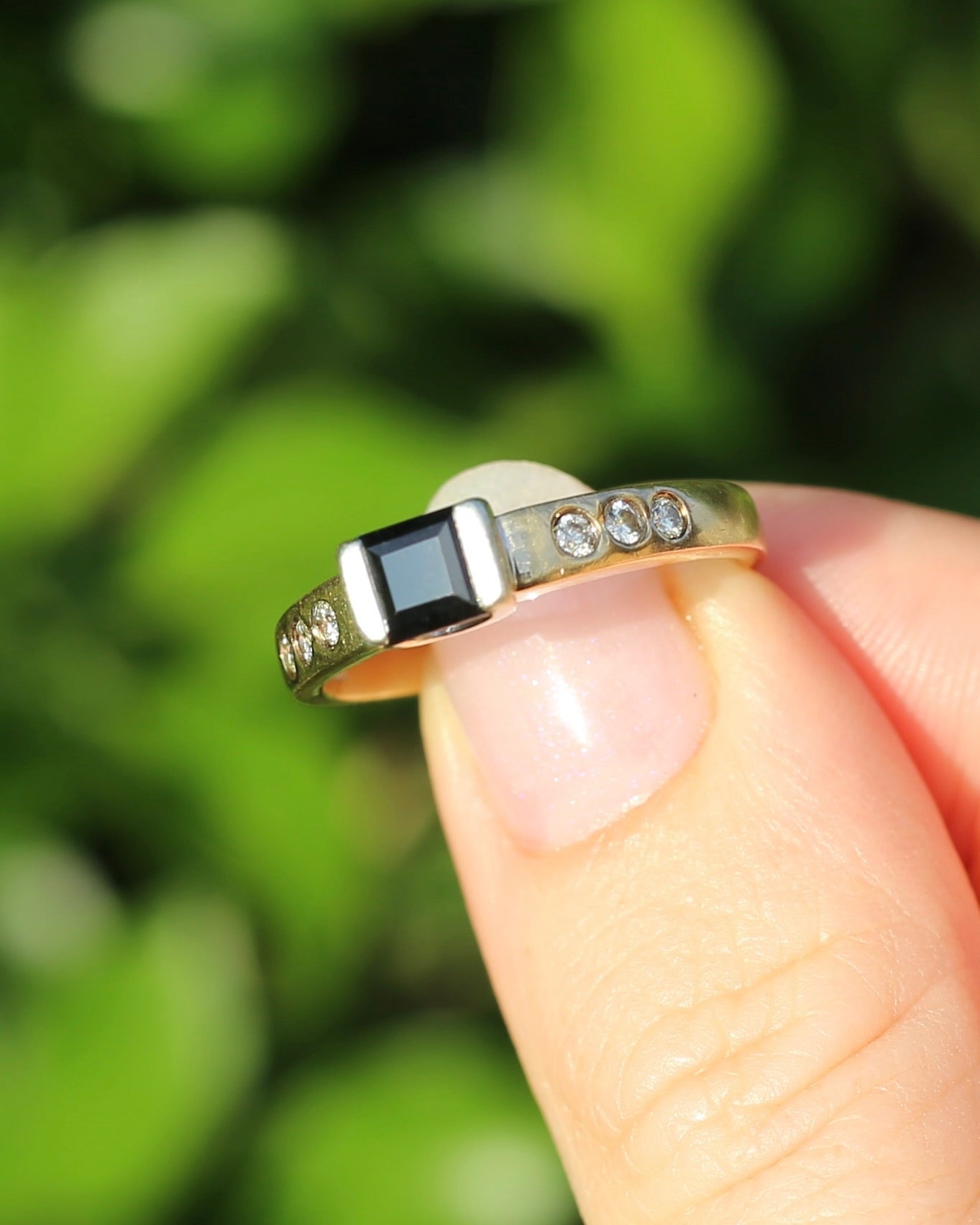 Vintage Chunky East West Set Sapphire and Flush Set Diamonds, 9ct Yellow and White Gold, size 9 or S