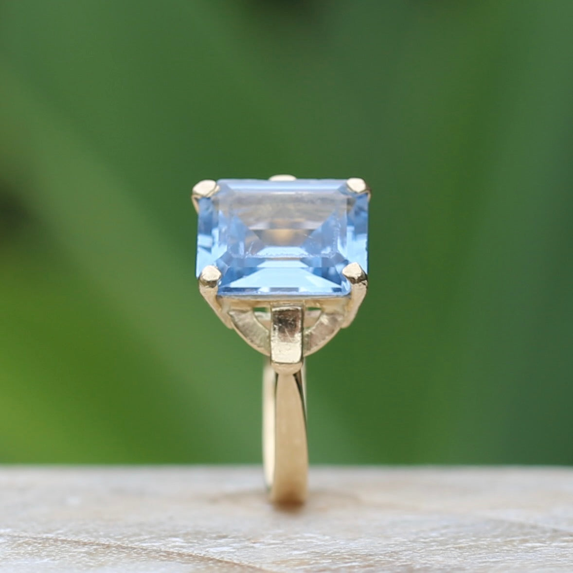 Emerald Cut Synthetic Blue Spinel in Gorgeous Art Deco Setting, 14ct Yellow Gold, size O or 7.25