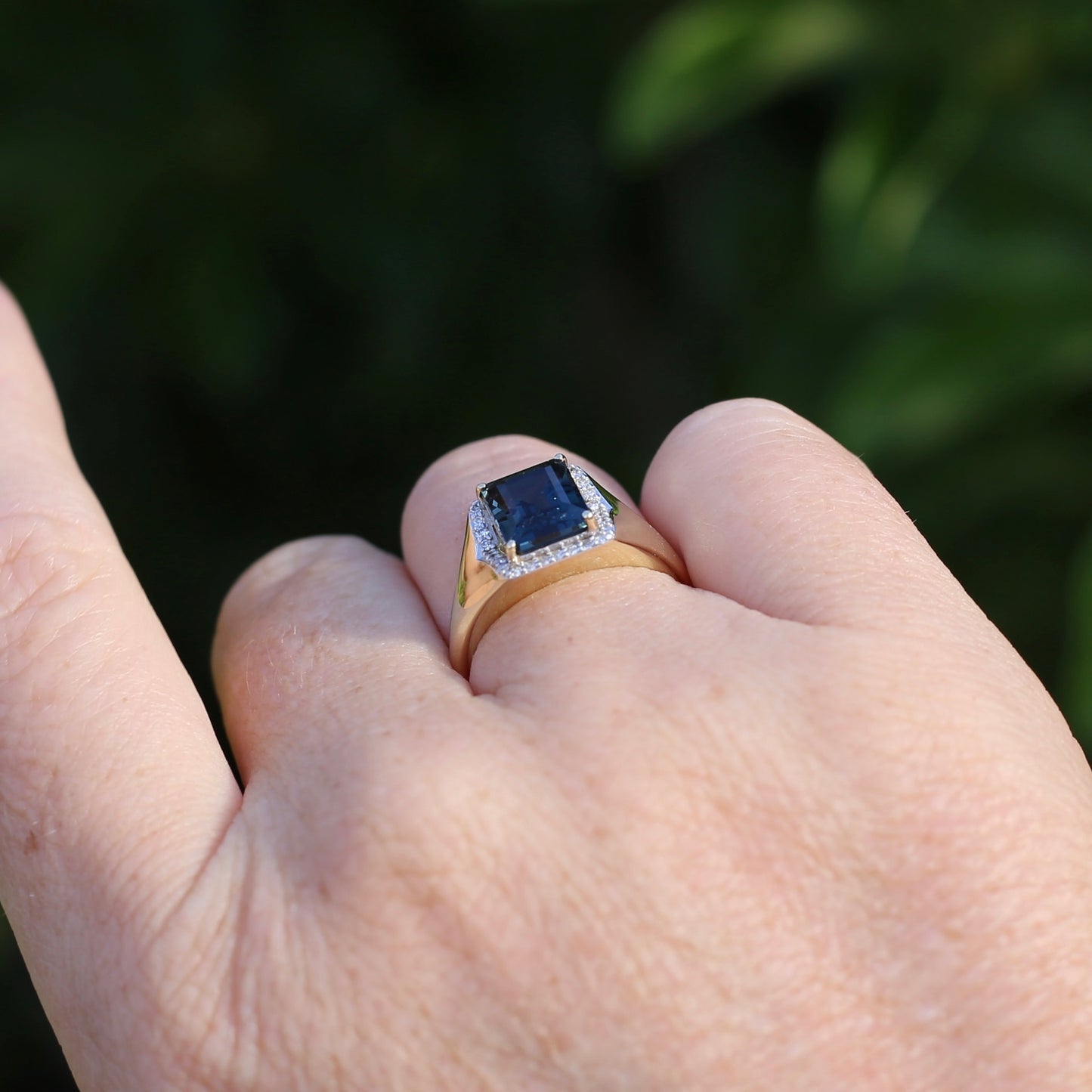 Emerald Cut London Blue Topaz Signet Ring With Diamond Halo, size N or 6.75