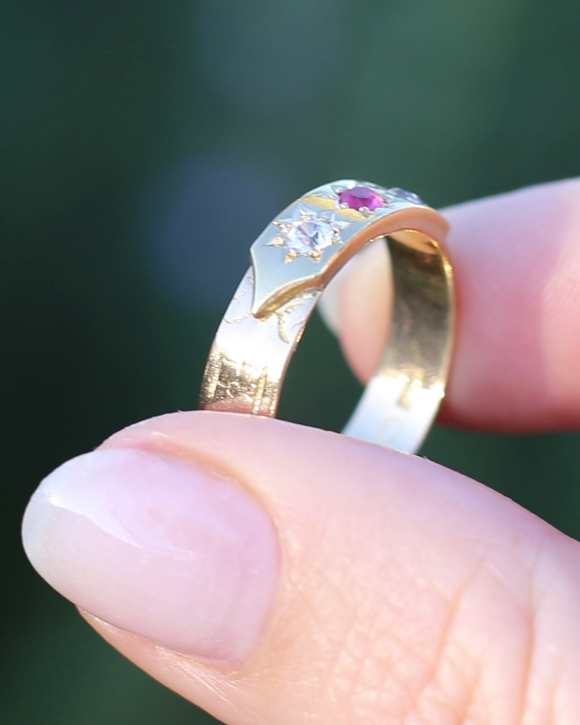 1873 15ct Band with 18ct Trilogy Old Cut Star Set Addition, 15 & 18ct Gold, size R1/2 or 8.75 (fits slightly smaller)