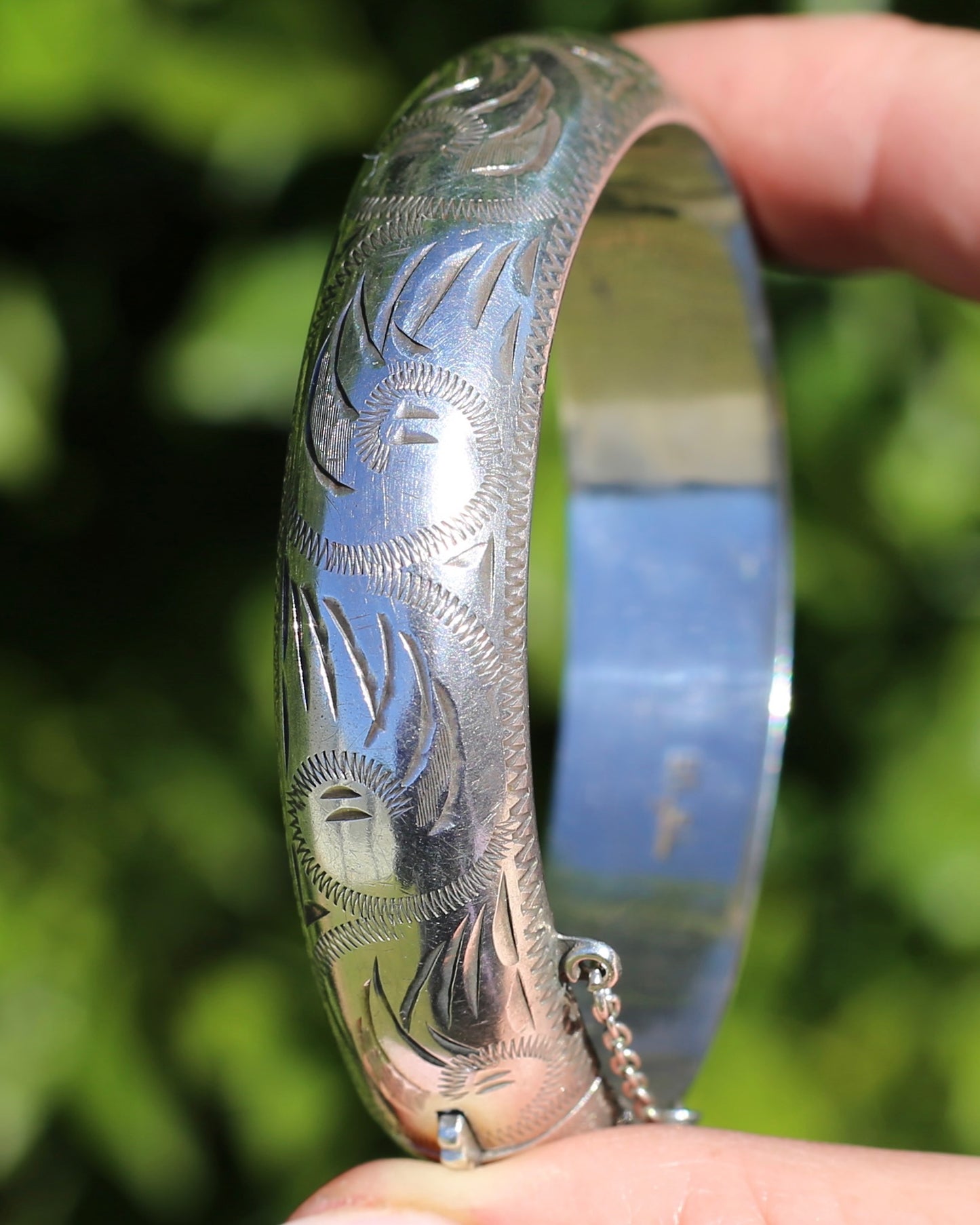 Vintage Hinged Engraved Silver Hollow Bangle, Sterling Silver