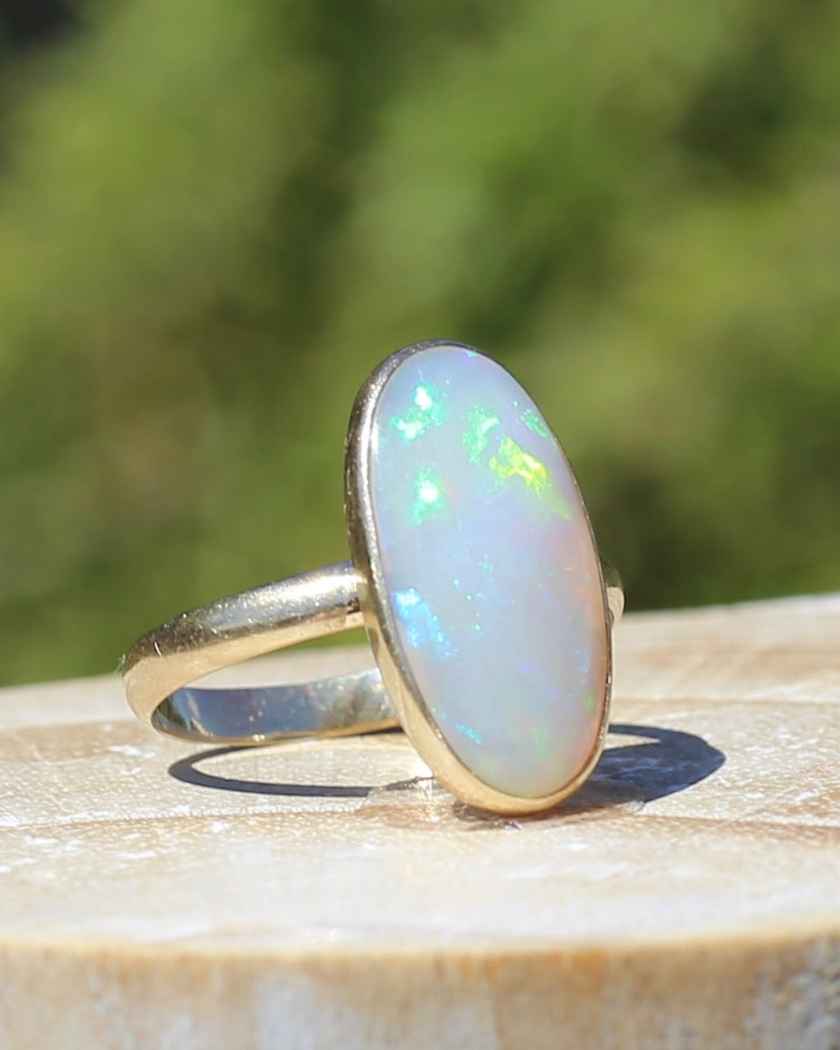 Crystal Opal Cabochon, Low Profile, in Bezel Set 9ct Yellow Gold, size T1/2 or 9.75