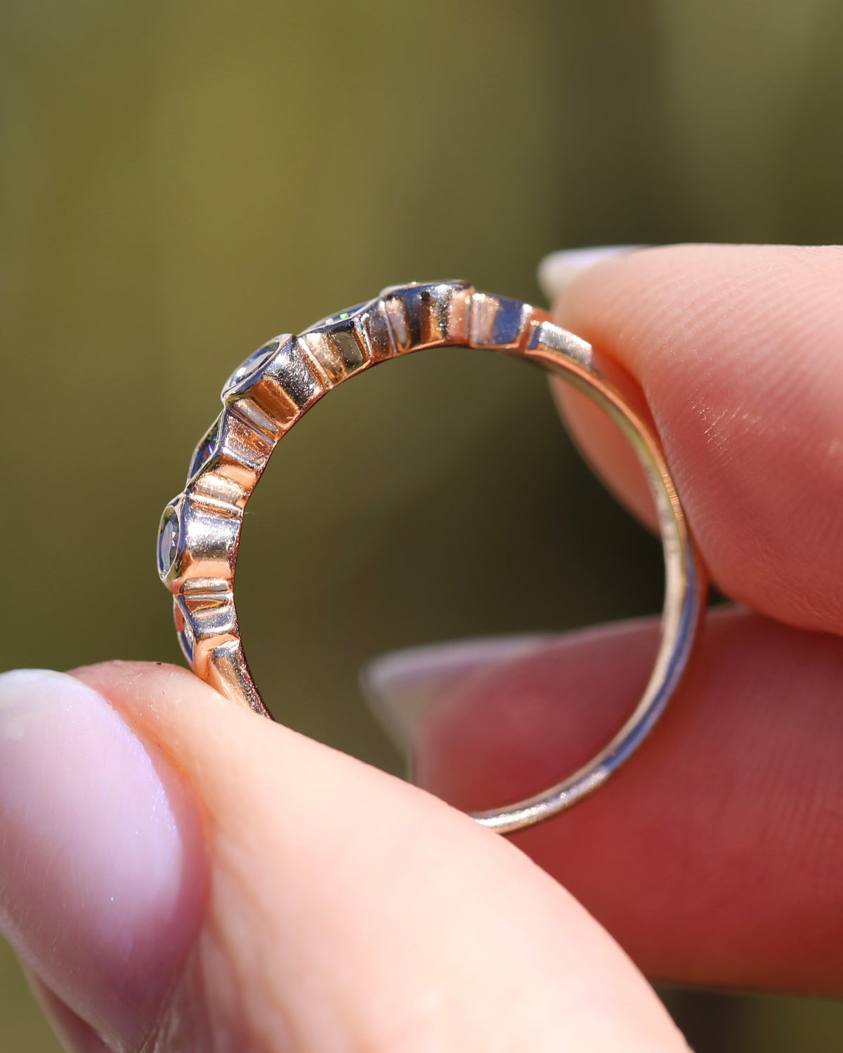0.25ct 7 Stone Natural Diamond Bezel Set Round and Geometric Rose Gold Stacker, 10ct Rose Gold, size O or 7.25