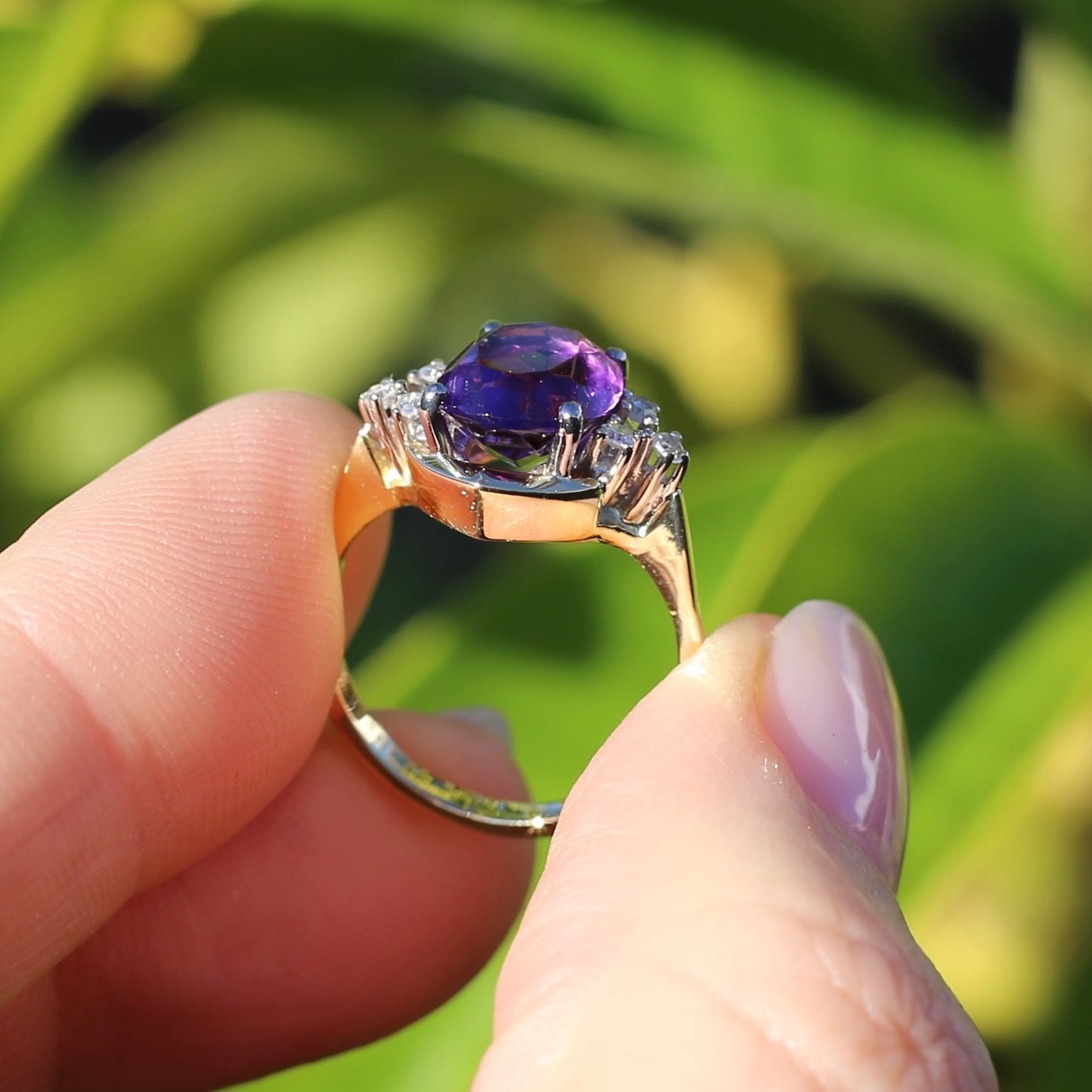 Vintique Oval Amethyst and Diamond Ring, 18ct Yellow Gold, size K1/2 or 5.5