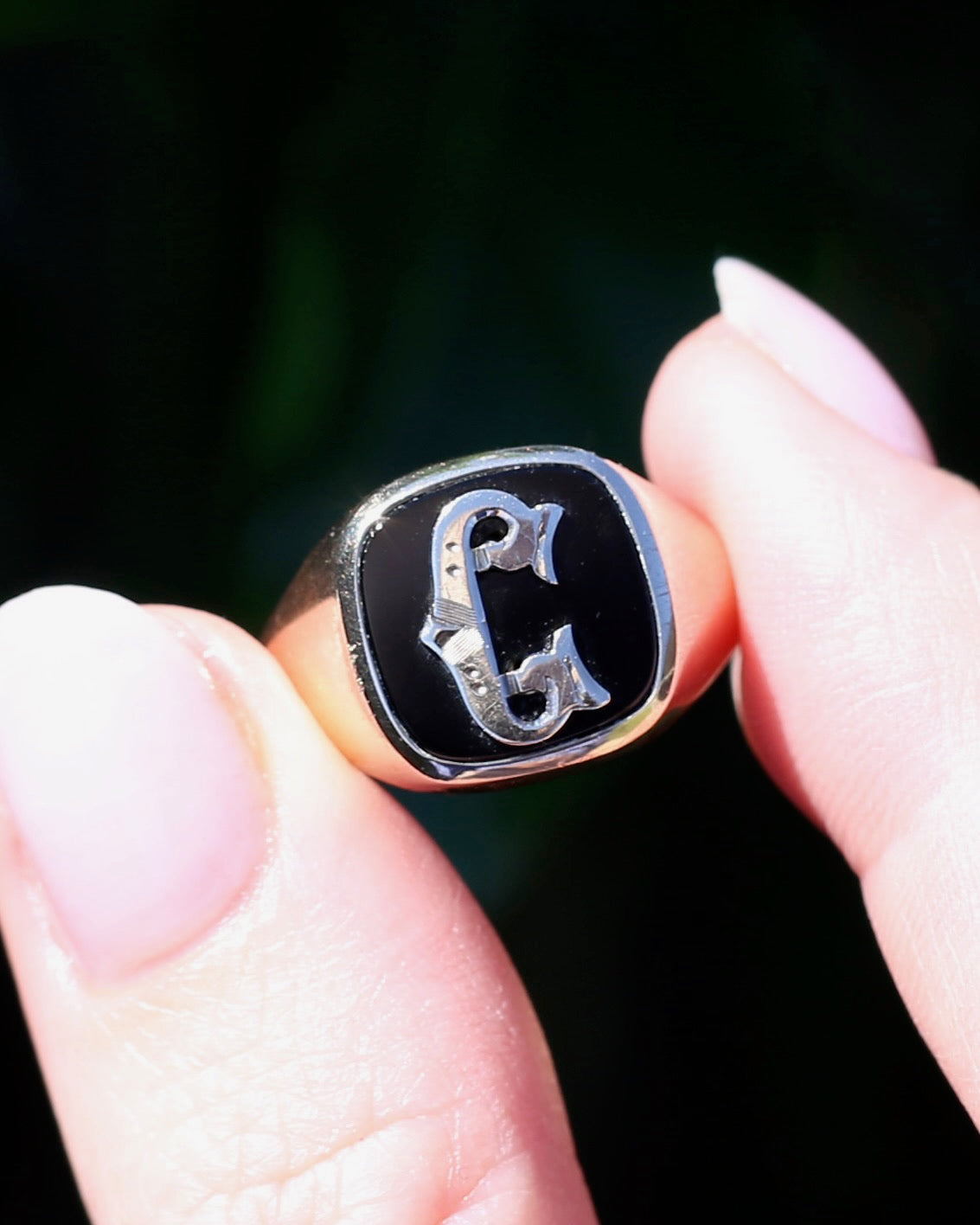 Vintage "C" Onyx Signet Ring, Bezel Set, Older Rosey Gold, size 9.5 or T