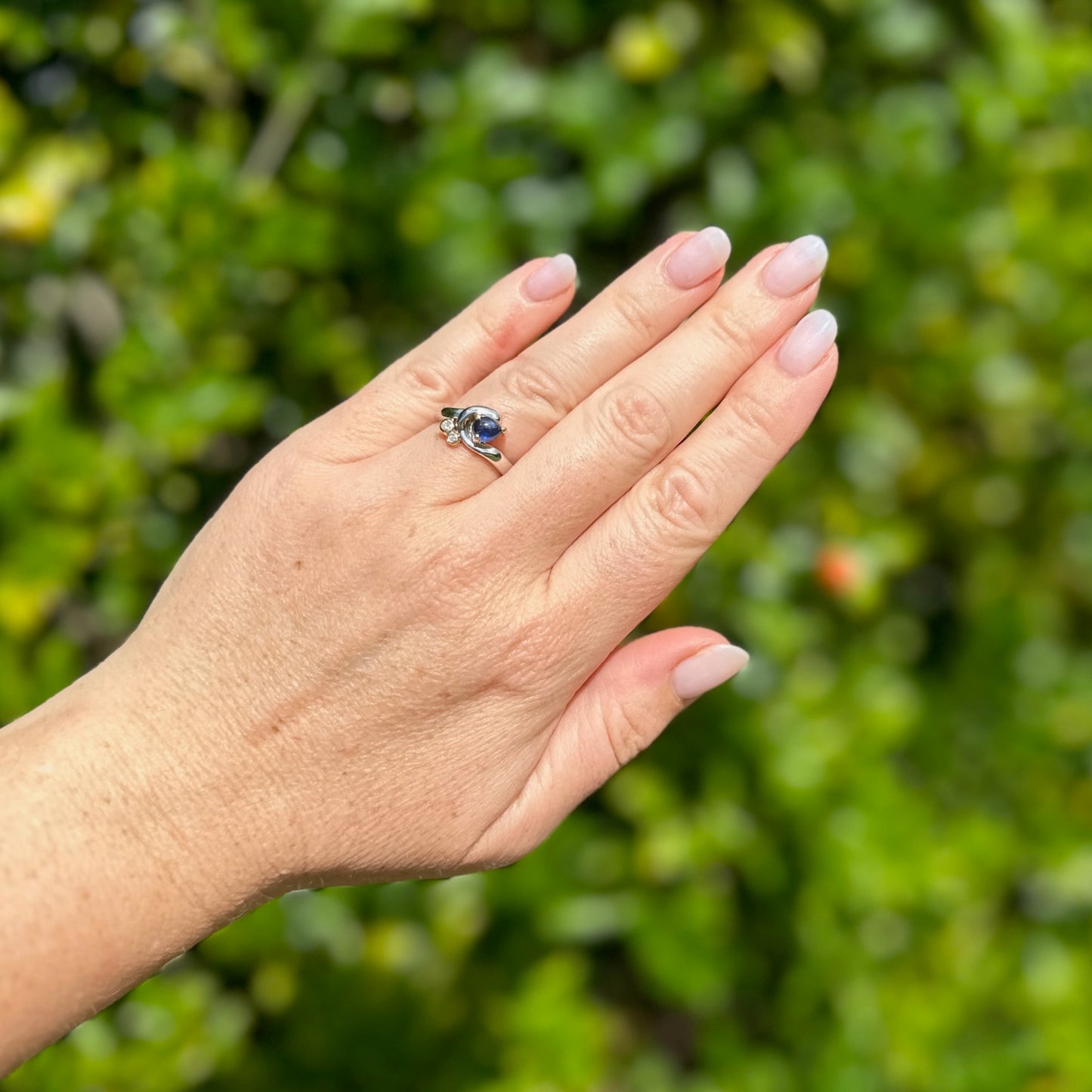 Chunky Asymetrical Mixed Metal Pear Sapphire Cabochon and Diamond ring, 18ct Yellow and White Gold, size 7.5 or just over O1/2