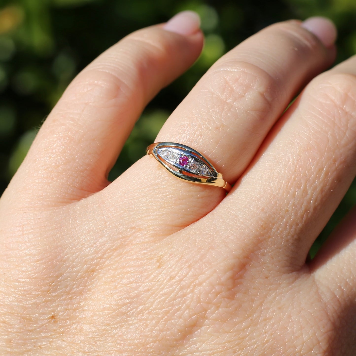 Antique Boat Ring with Four Old Cut Diamonds and an Old Cut Pink Topaz, 18ct Yellow and White Gold, size 7 or N1/2