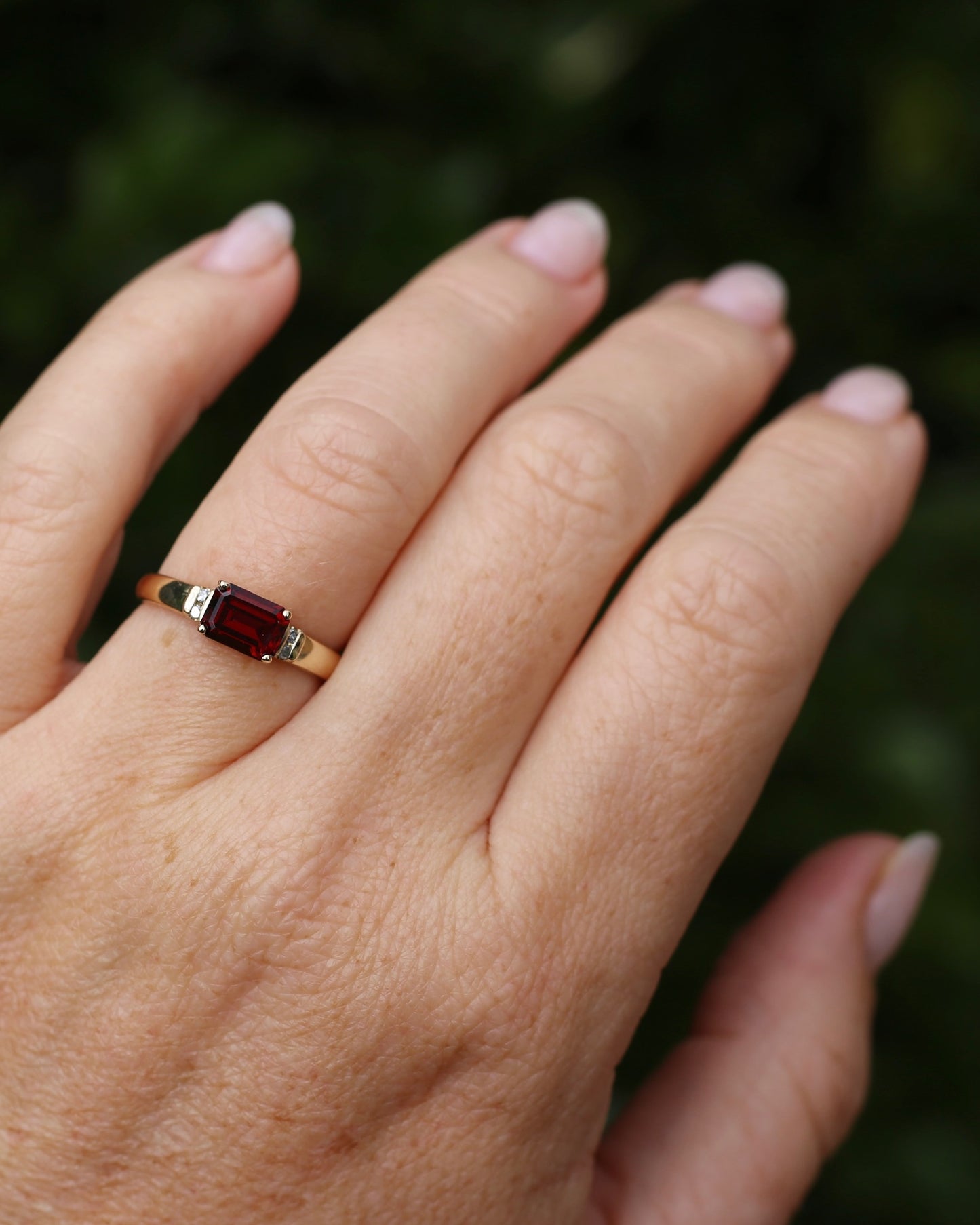 East African East West Set Emerald Cut Garnet and Diamond side stones, 9ct Yellow Gold, size P1/2 or 8