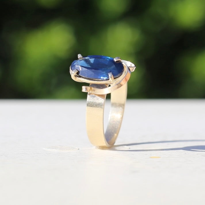 1980s 4ct Australian Parti Sapphire Retro Ring, 9ct Yellow Gold, size X or 11.5 (easily sizeable) with valuation