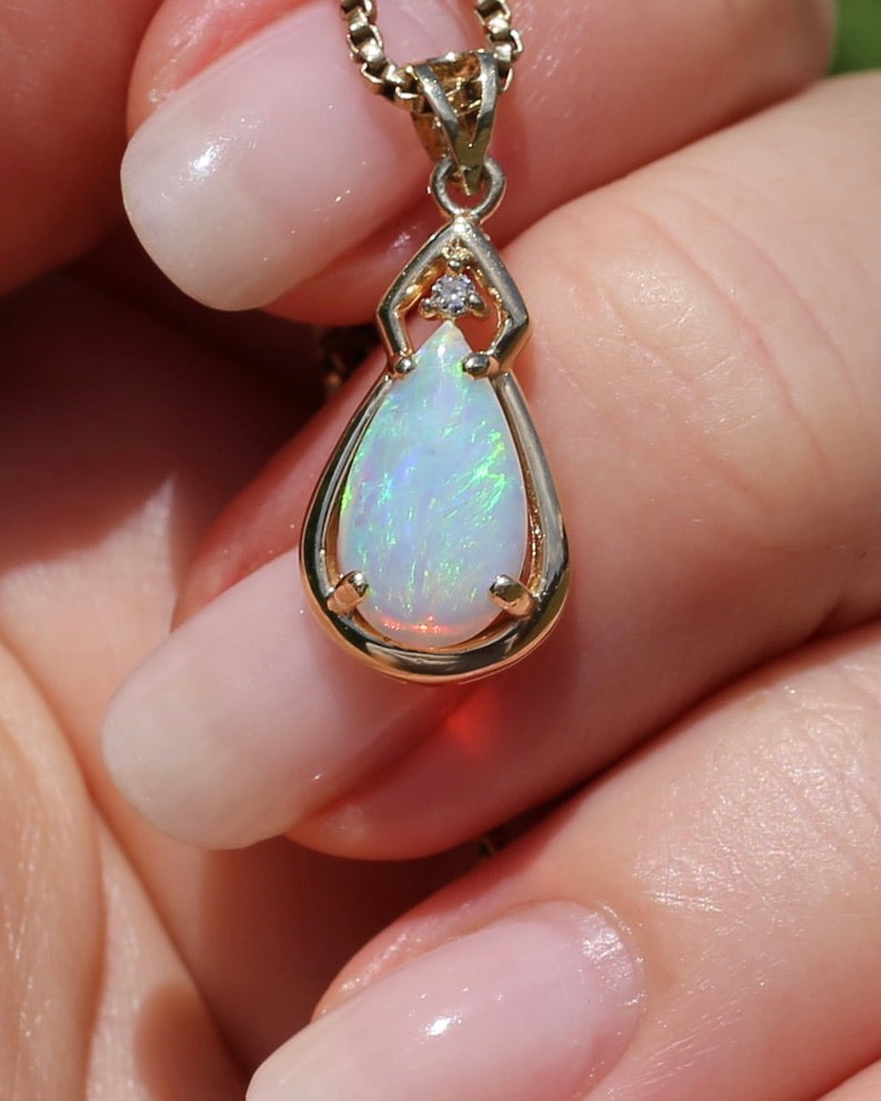 Pear Crystal Opal and Diamond Pendant, 10ct Yellow Gold, 1.5g