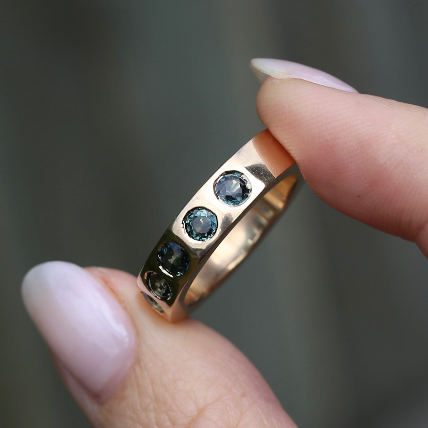 Custom Reclaimed Gold Chunky 9ct Rings with 4mm Parti Sapphires