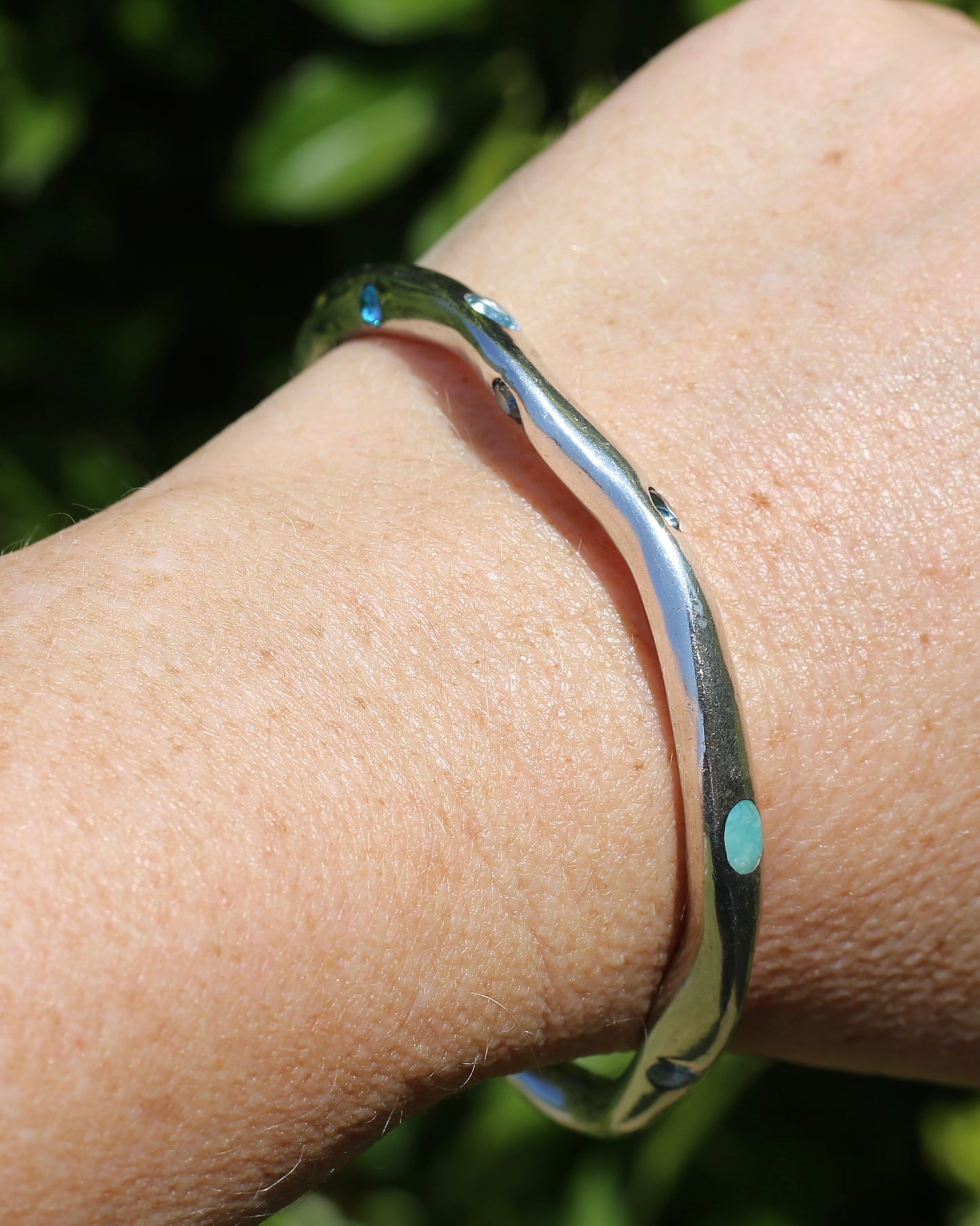 Irregular Handmade Chunky Sterling Silver Bangle with Sapphires and Topaz, 42.6g