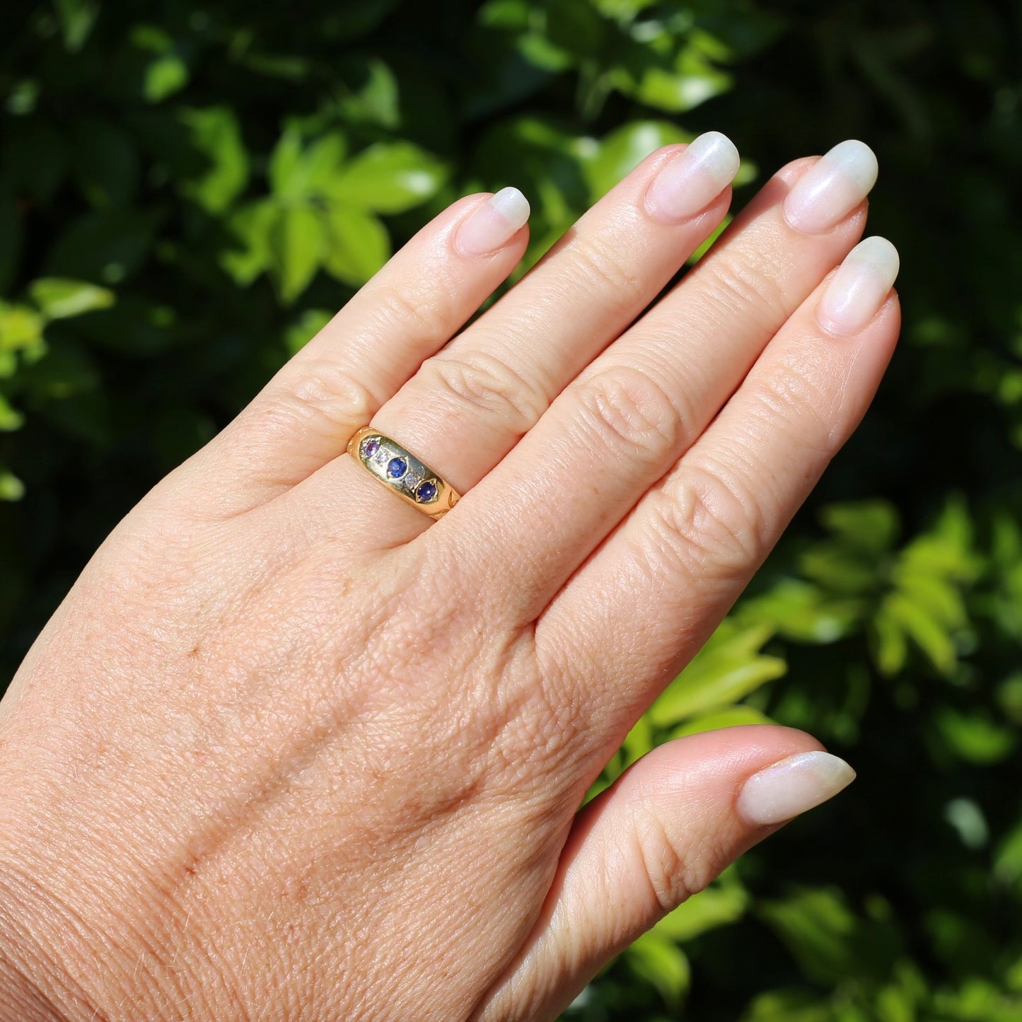 1897 Old Cut Sapphire and Diamond Five Stone Ring, 18ct Yellow Gold, size O or 7.25