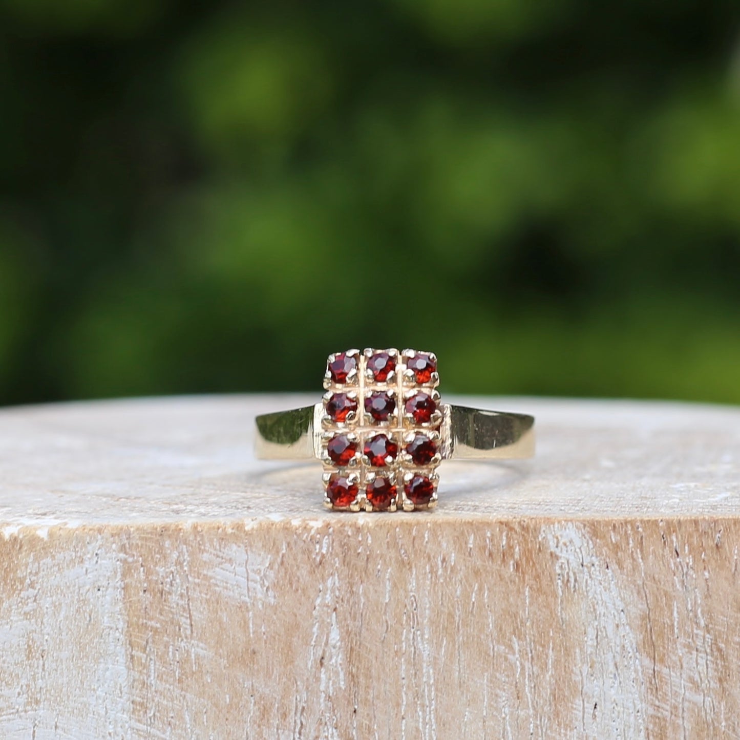 Old Cut 12 Stone Garnet Checkerboard Ring, size P or 7.75