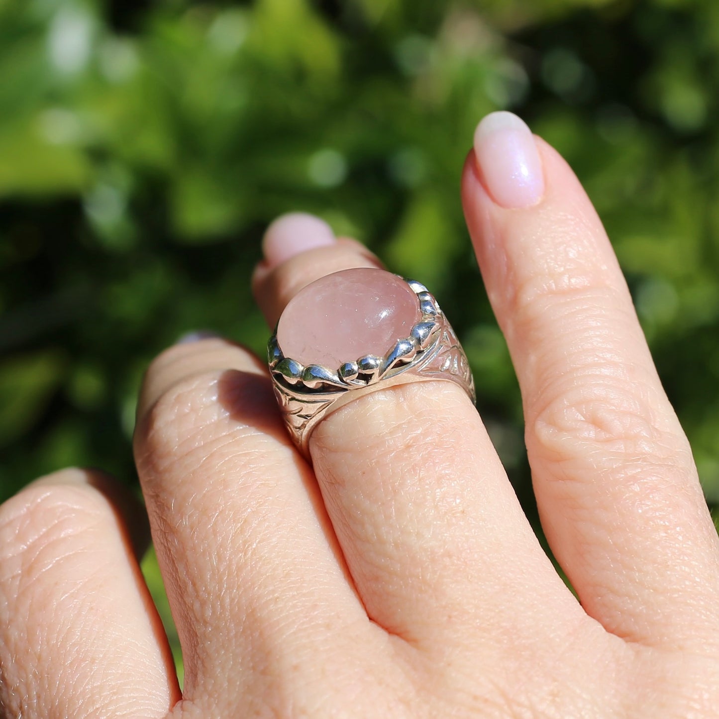 Rose Quartz Cabochon Ring, Sterling Silver, size O or 7.25