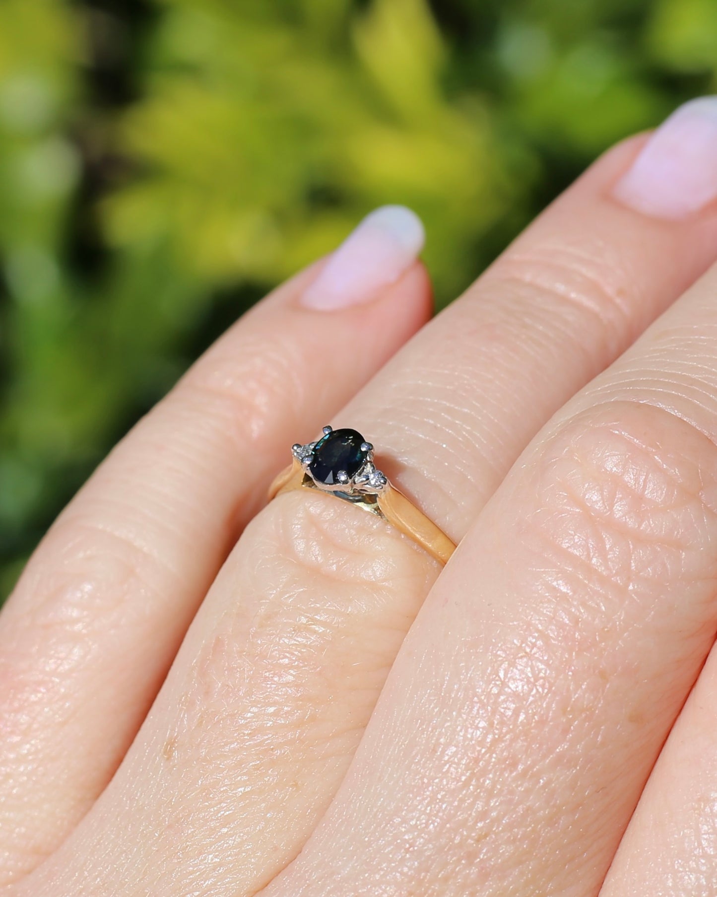 Dark Australian Sapphire and Diamond Dainty Trilogy, 9ct Yellow and White Gold, M1/2 or 6.5, 1.75g