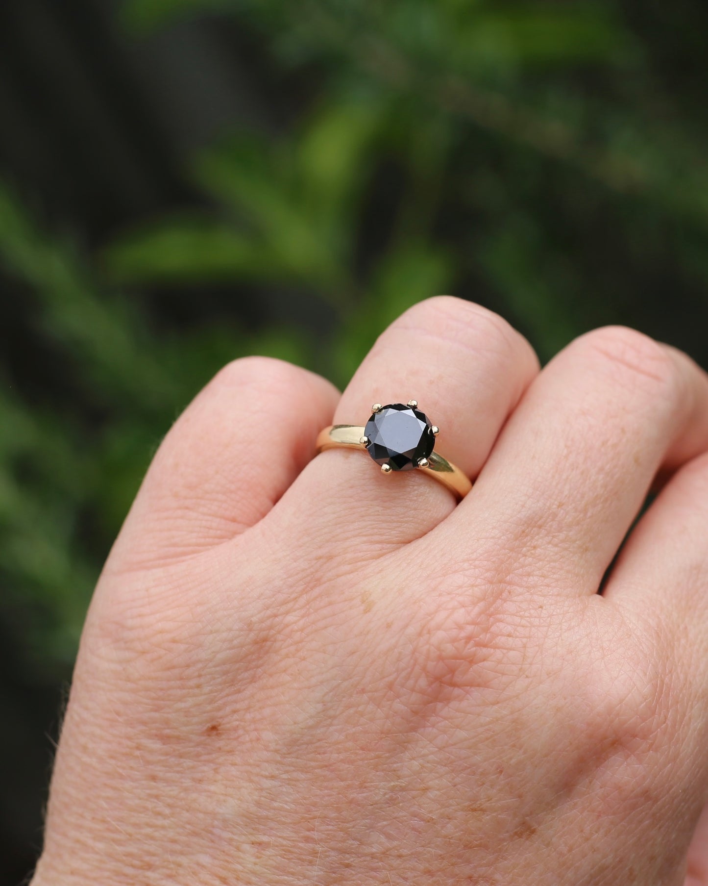 Black Moissanite Solitaire, 6 claw set 14ct Yellow Gold, size N1/2 or nearly 7, 3.63g