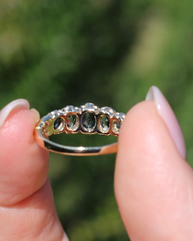 2.08ct Parti Sapphire Five Stone Ring,London Made 1989 9ct yellow Gold, size P1/2 or 8, 3.07g