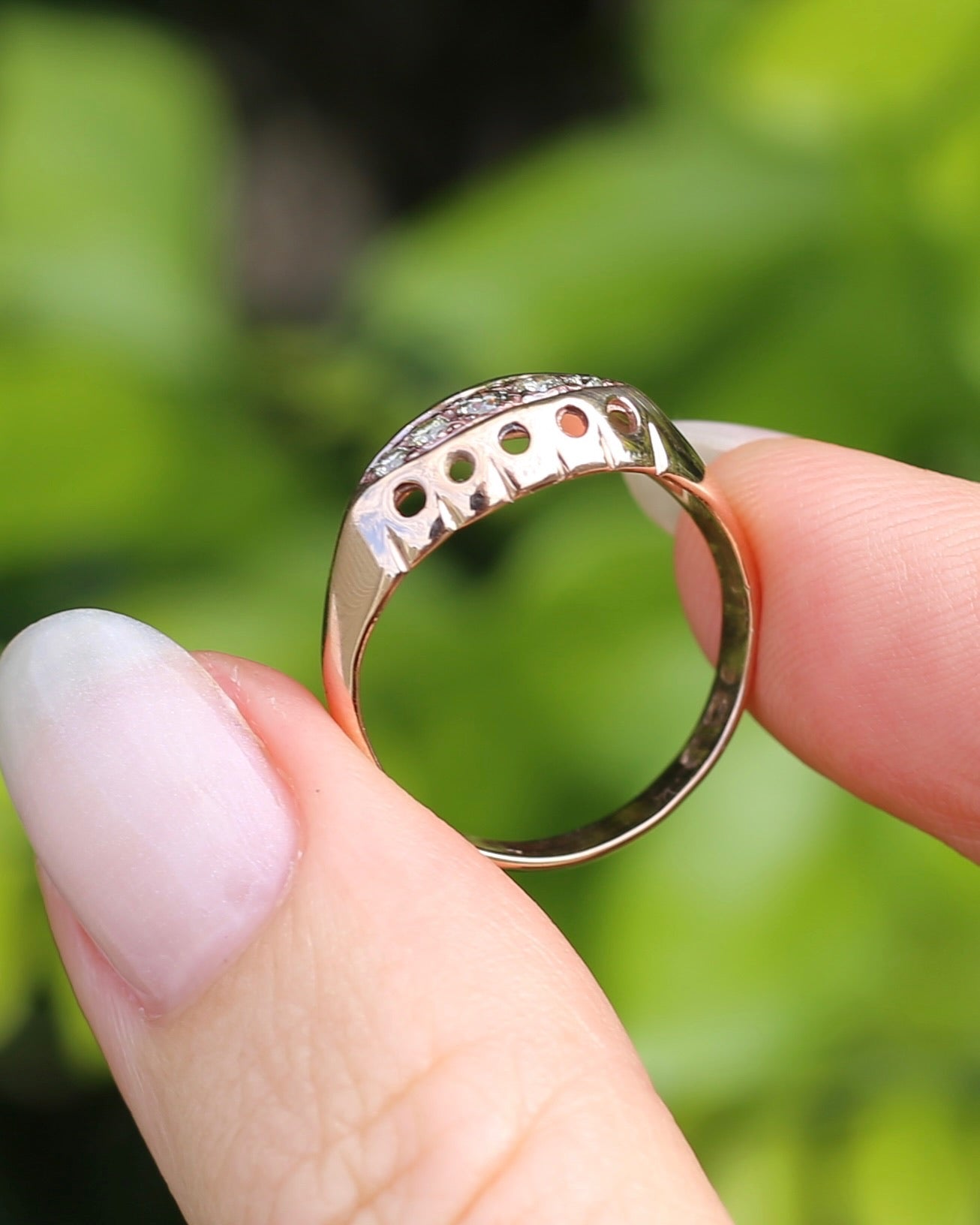 Vintique Rose Gold Boat Ring, 5 Early Brilliant Cut Diamonds, 9ct Rose Gold, size O1/2 or 7.25