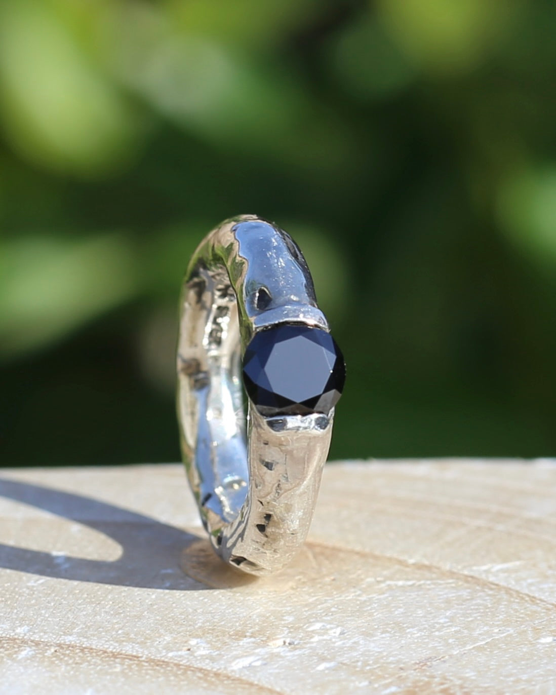 Rustic Handmade Chunky Silver Ring with Black Glass Round Brilliant Semi Bezel Set Stone, size L or 5.75