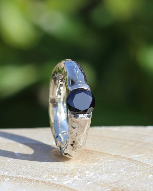 Rustic Handmade Chunky Silver Ring with Black Glass Round Brilliant Semi Bezel Set Stone, size L or 5.75