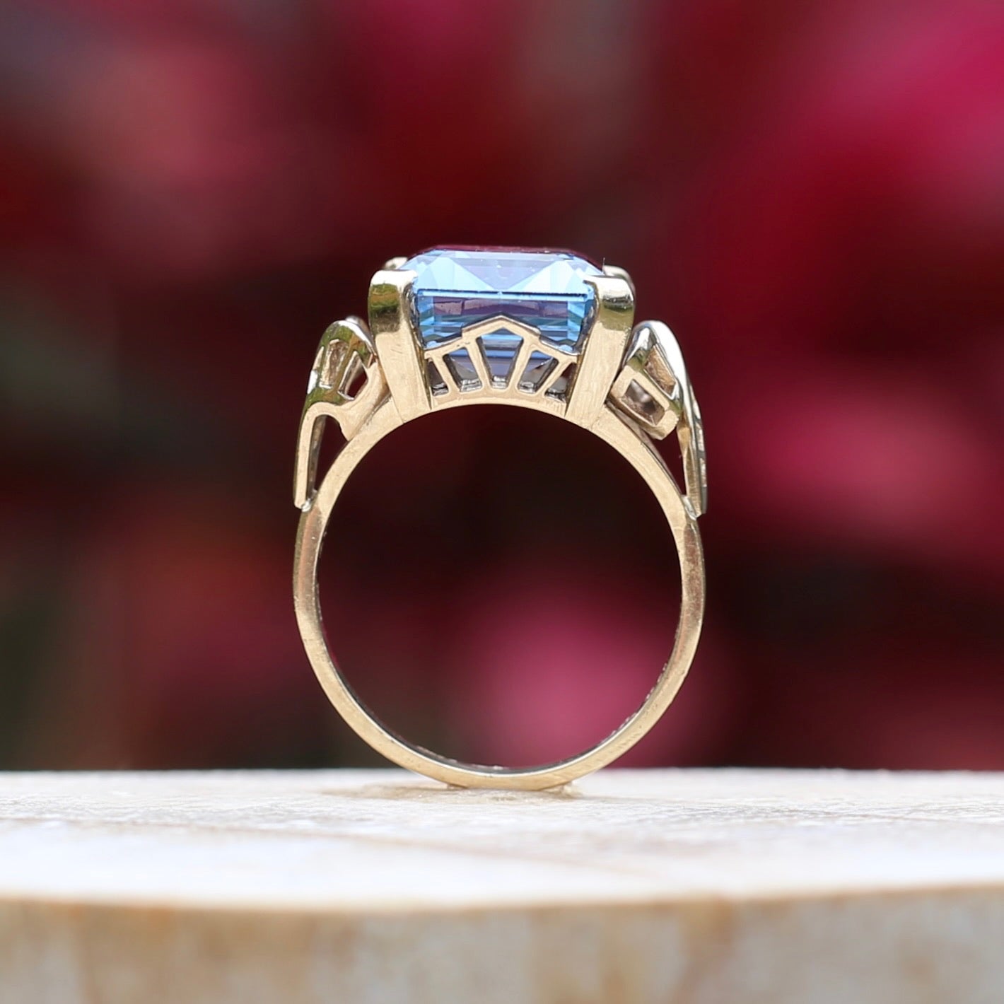 Mid Century Emerald Cut Blue Spinel Cocktail Ring, size N1/2 or 6.75