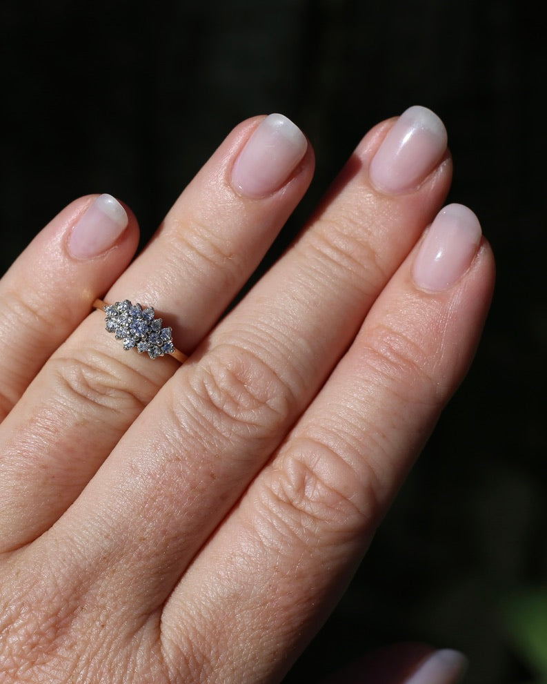 1991 London Made Diamond Cluster Ring, 9ct Yellow and White Gold, size J or 4.75, 2.2g