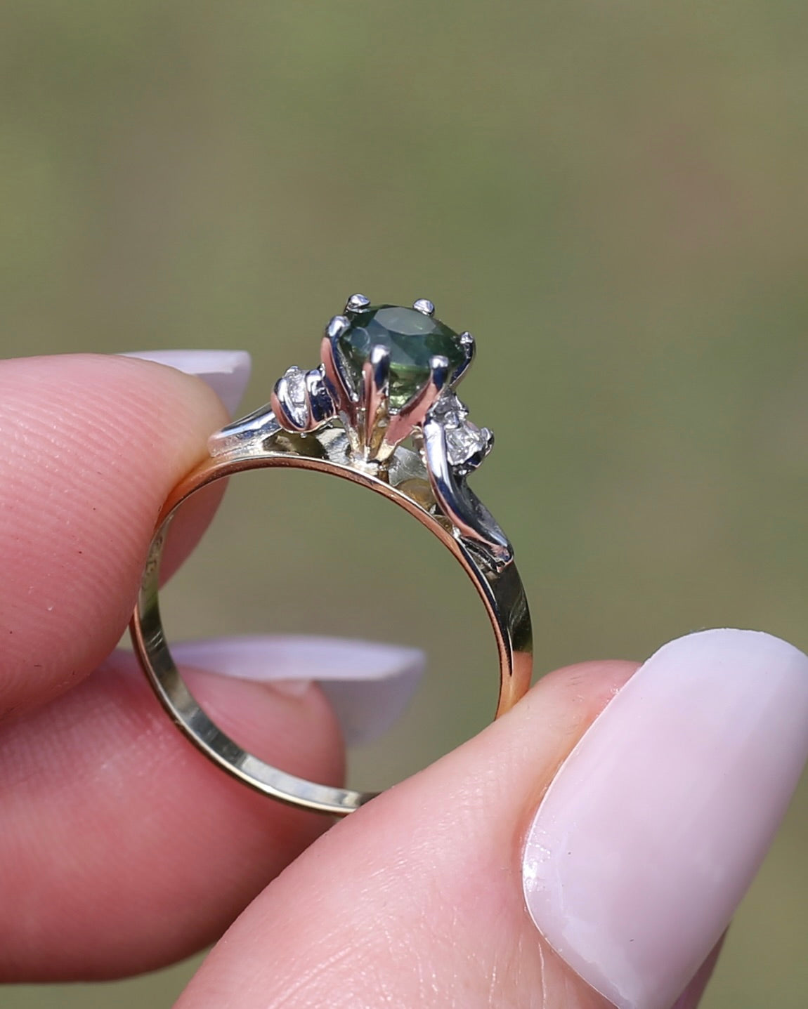 1ct Natural Green Sapphire Ring with White Spinel Side Stones, Silver and 9ct Yellow Gold, size M or 6.25, 2.1g