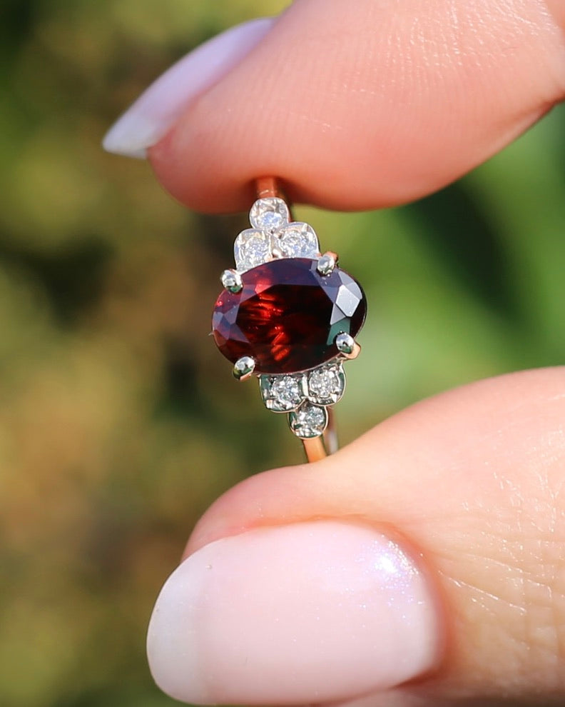 2.45ct Deep Red Whisky Zircon and Diamond RIng, 9ct Yellow Gold, size L or 5.75, 2.33g