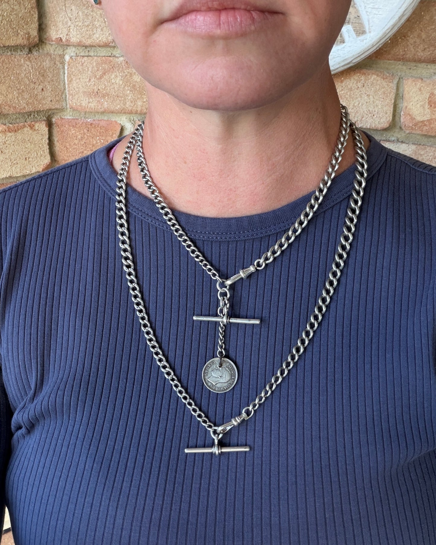 Single Graduated British Made Curb Watch Chain with T-bar and Single Albert Clasp, 19.1g, 26.5cm or 10.5 inches